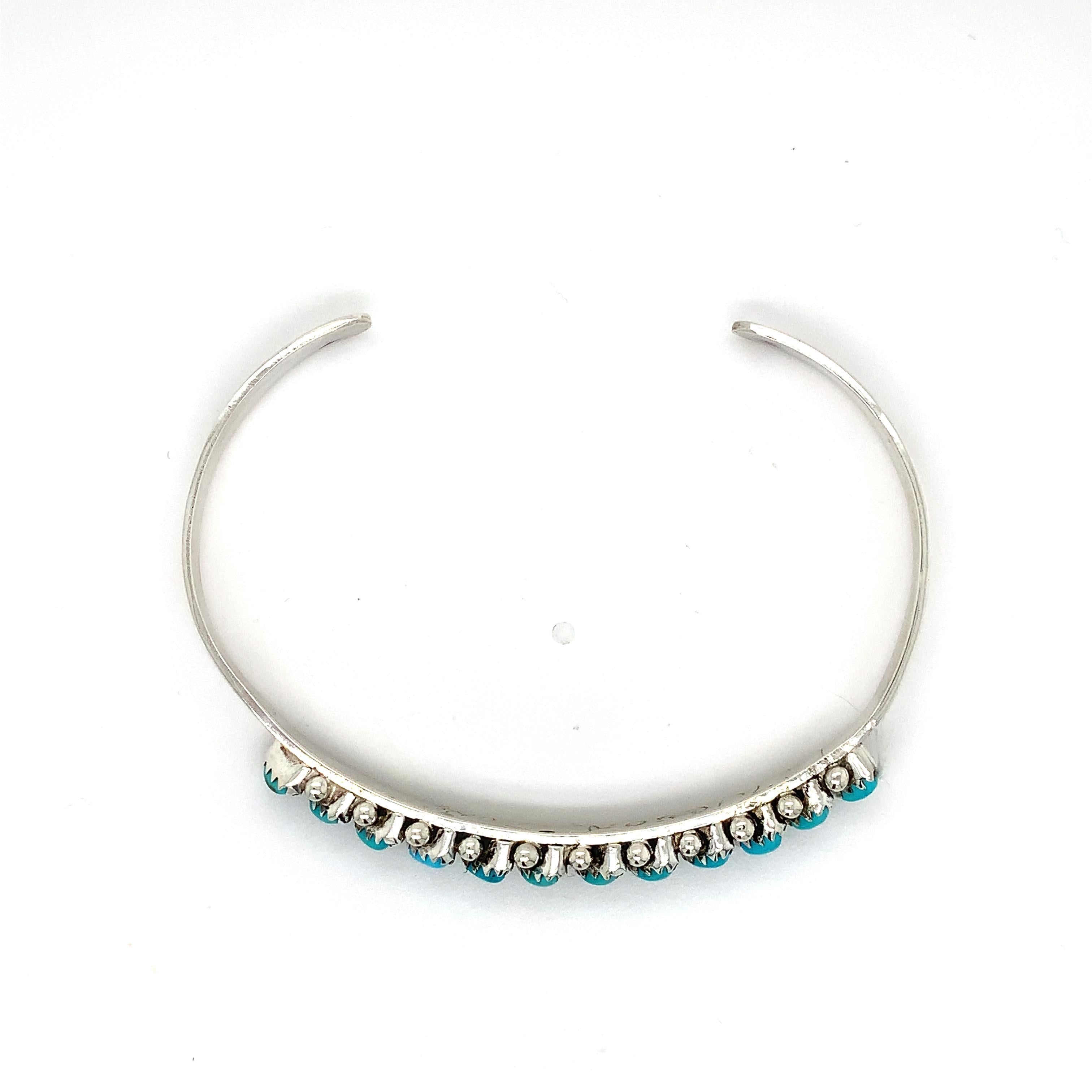 L. Tuscon Zuni Sterling Silver Slanted Turquoise Bangle Fits 7" Wrist