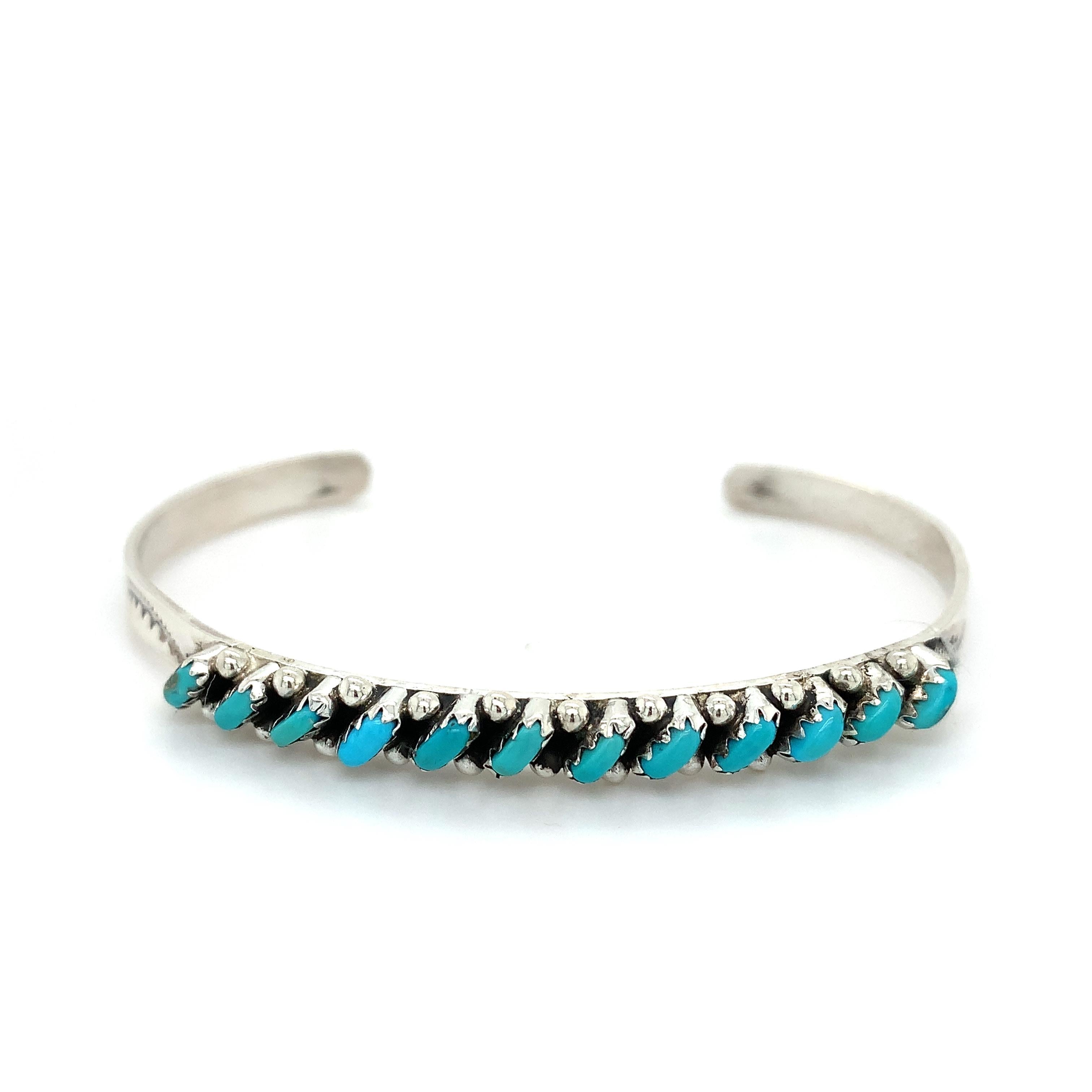 L. Tuscon Zuni Sterling Silver Slanted Turquoise Bangle Fits 7" Wrist
