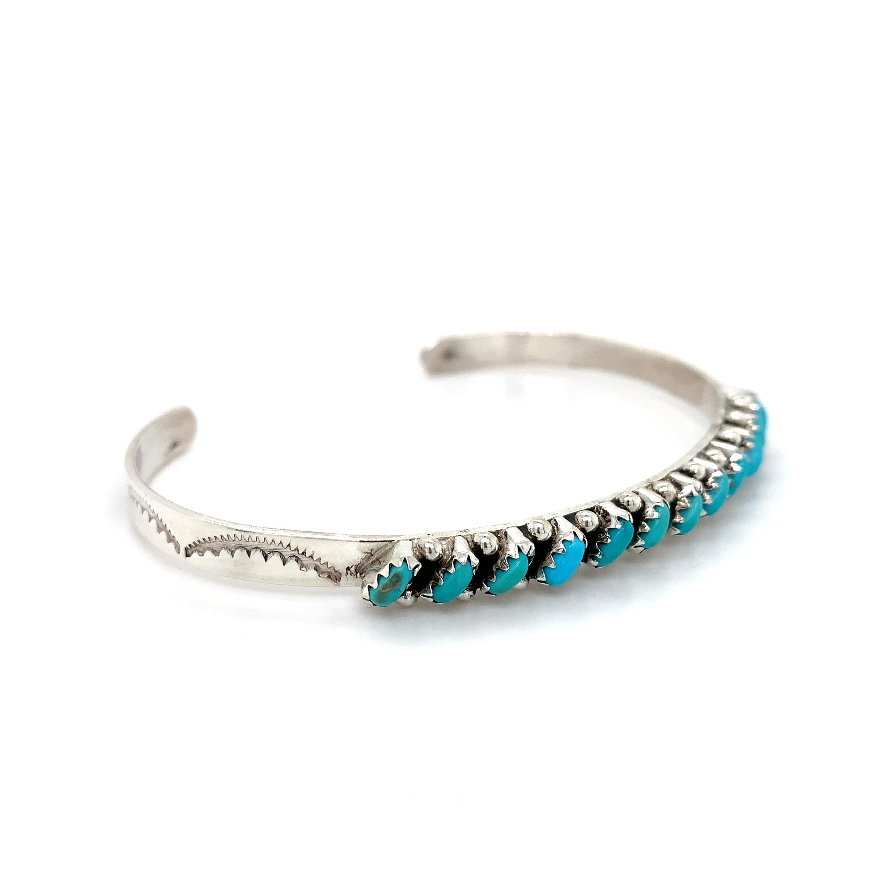 L. Tuscon Zuni Sterling Silver Slanted Turquoise Bangle Fits 7" Wrist