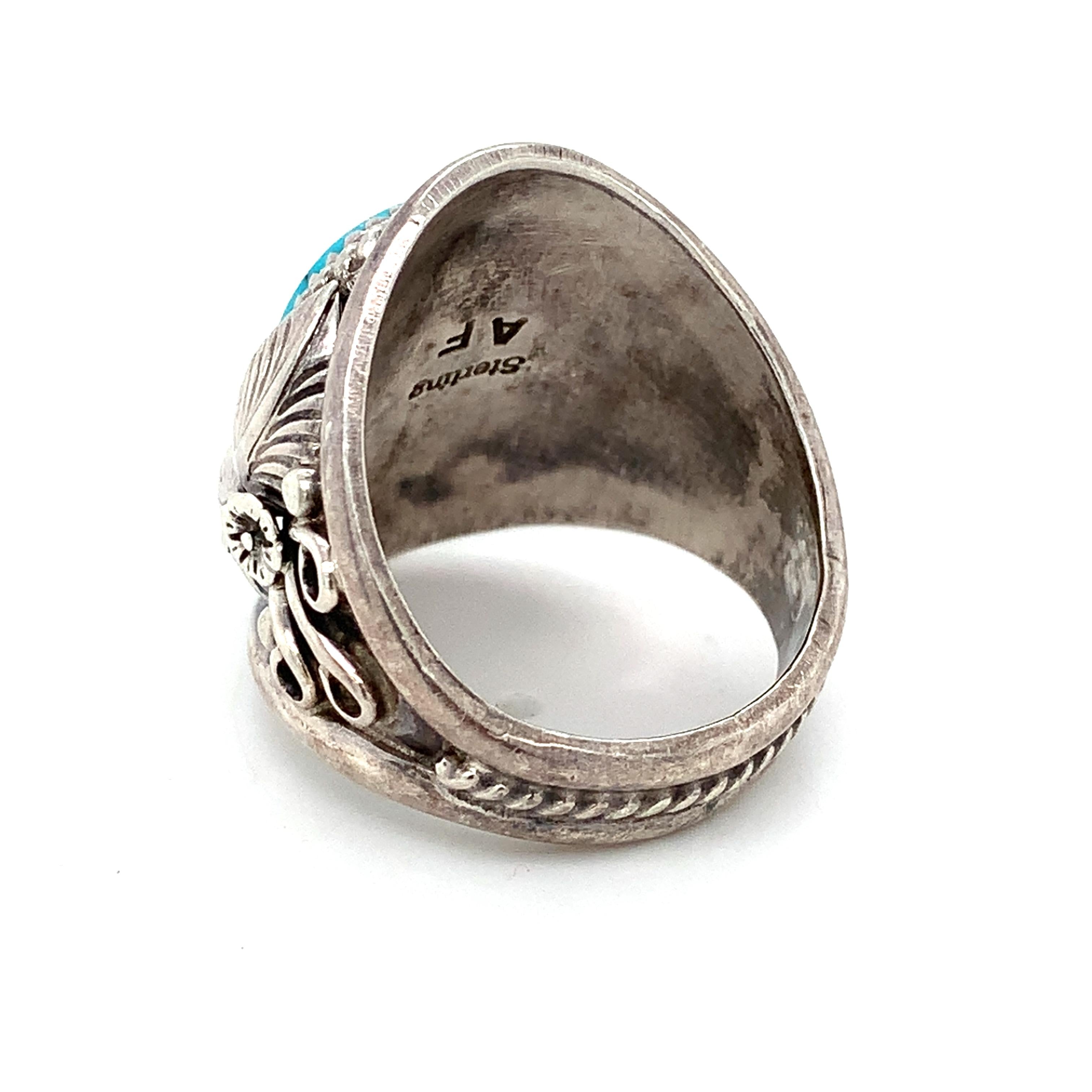 Vintage Sterling Silver Sculpted Bezel Oval Turquoise Navajo Ring