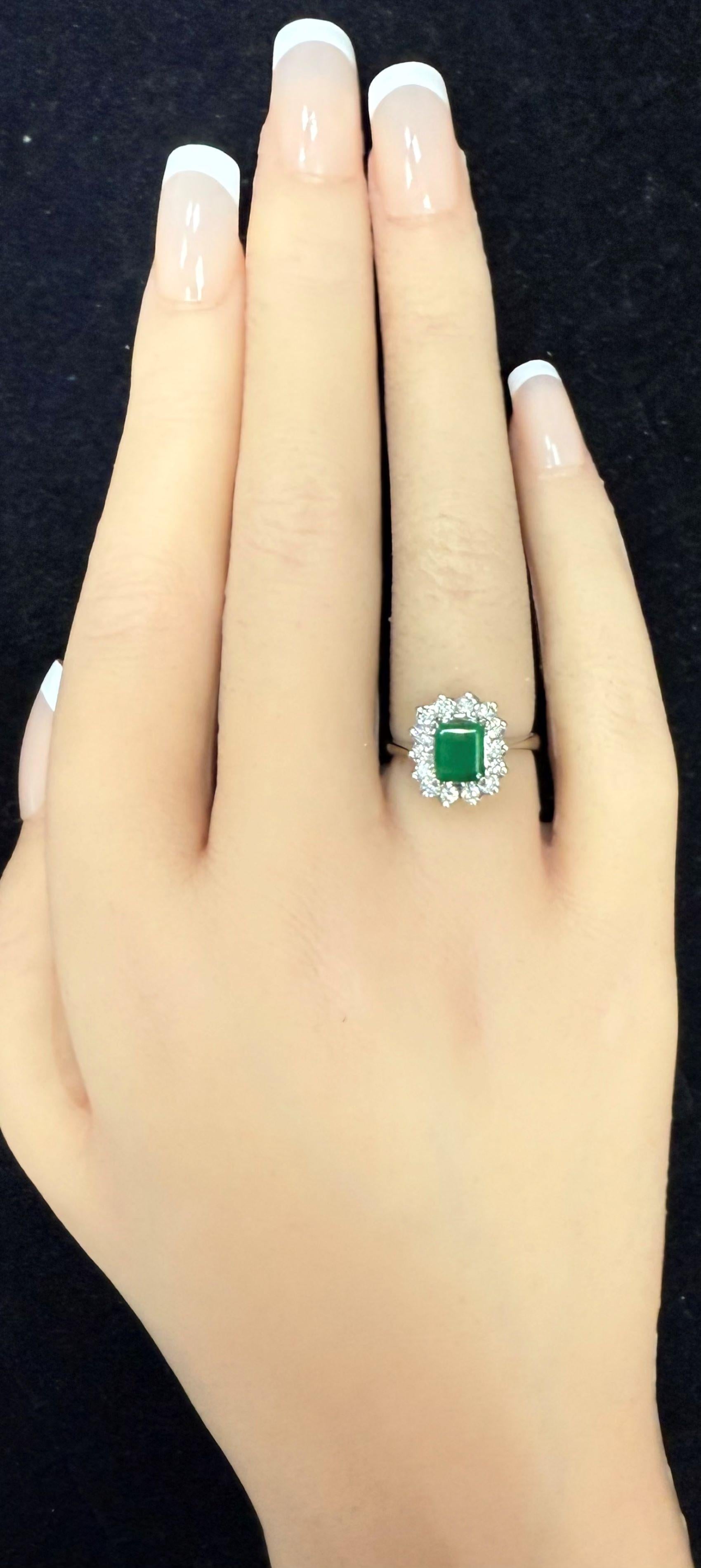14K White Gold Radiant Cut Emerald and Round Diamond Halo Ring Size 5.75