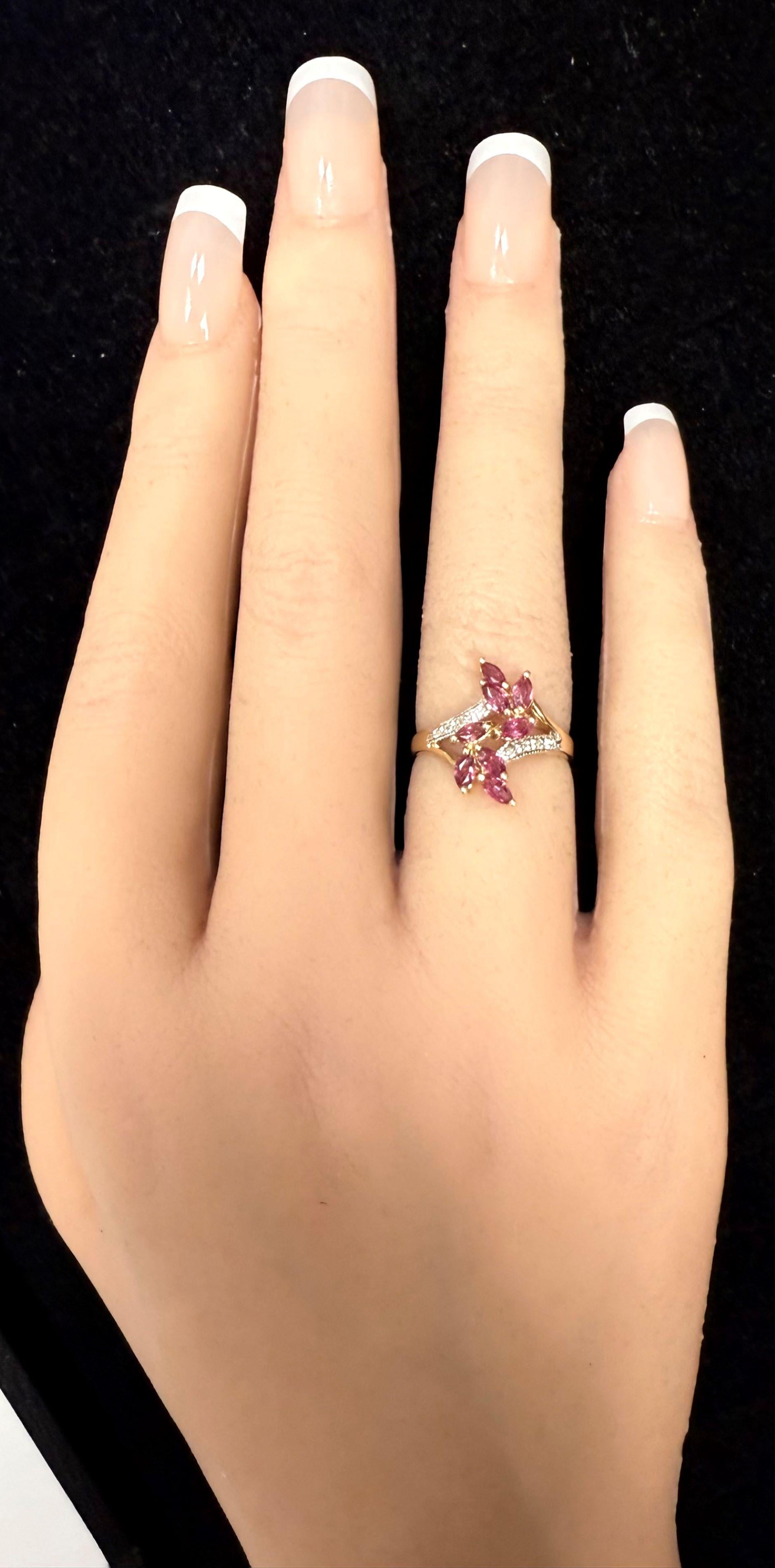 10K Yellow Gold Marquise Red Ruby & Round Cut Diamond Cluster Ring Size 5