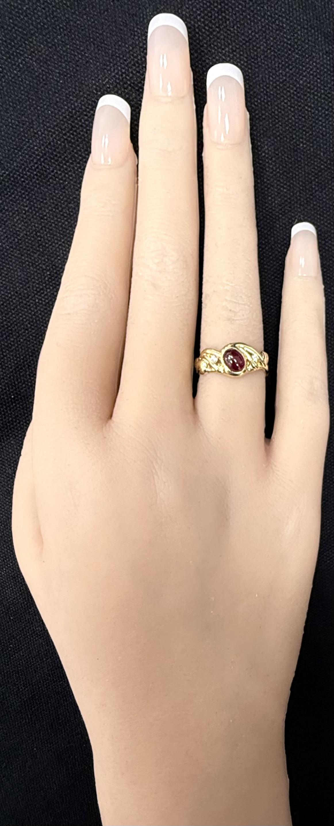 Vintage 14K Yellow Gold Oval Ruby With Diamond Accent Ornate Curved Band Ring
