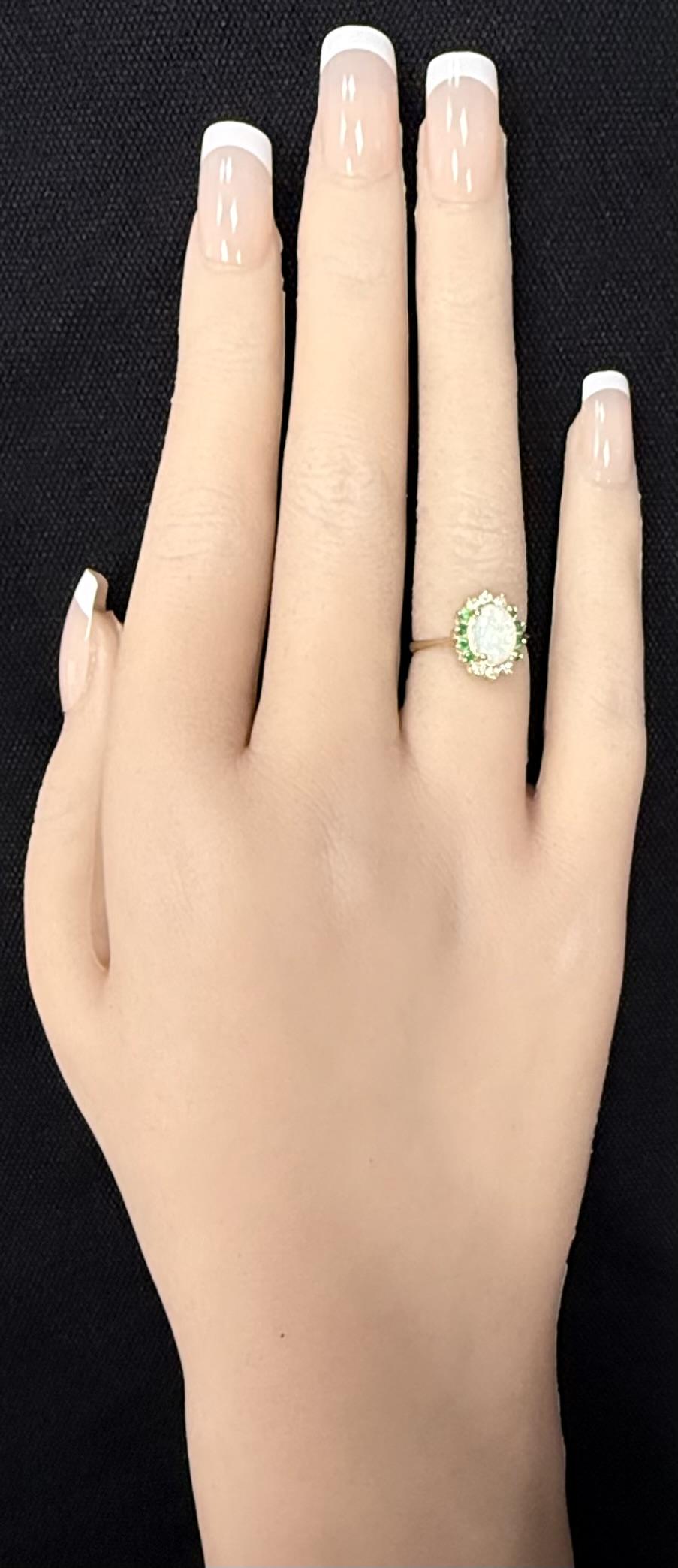 14K Yellow Gold Oval Shaped White Opal With Emerald And Diamond Halo Ring Size 5