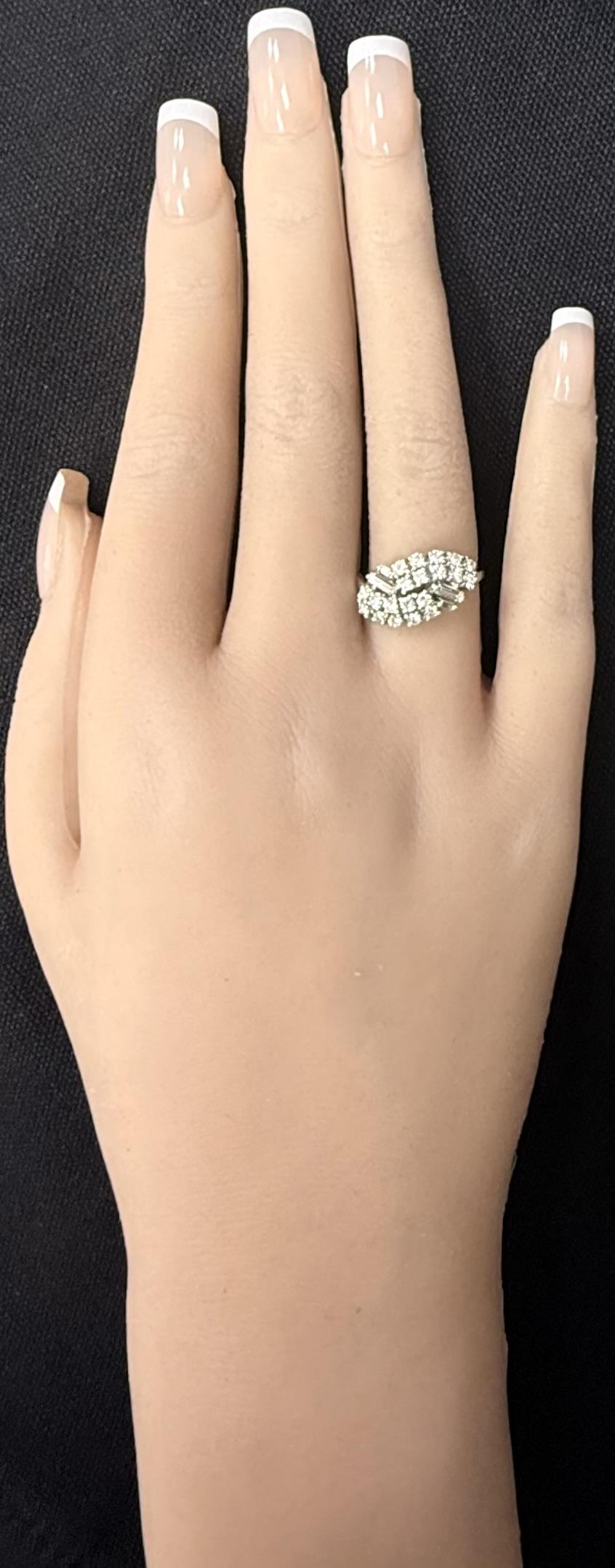 Vintage 14K White Gold Baguette And Round Diamond Bypass Ring Size 7