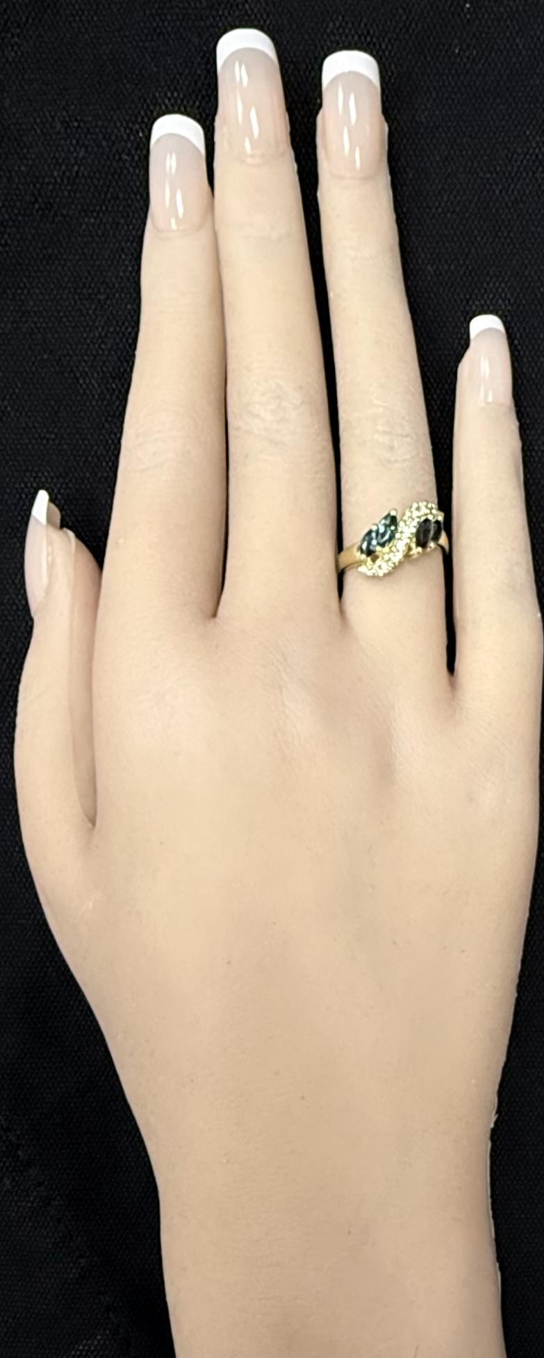 14k Yellow Gold Blue Marquise Sapphire & .25CTW Diamond Wave Style Bypass Ring