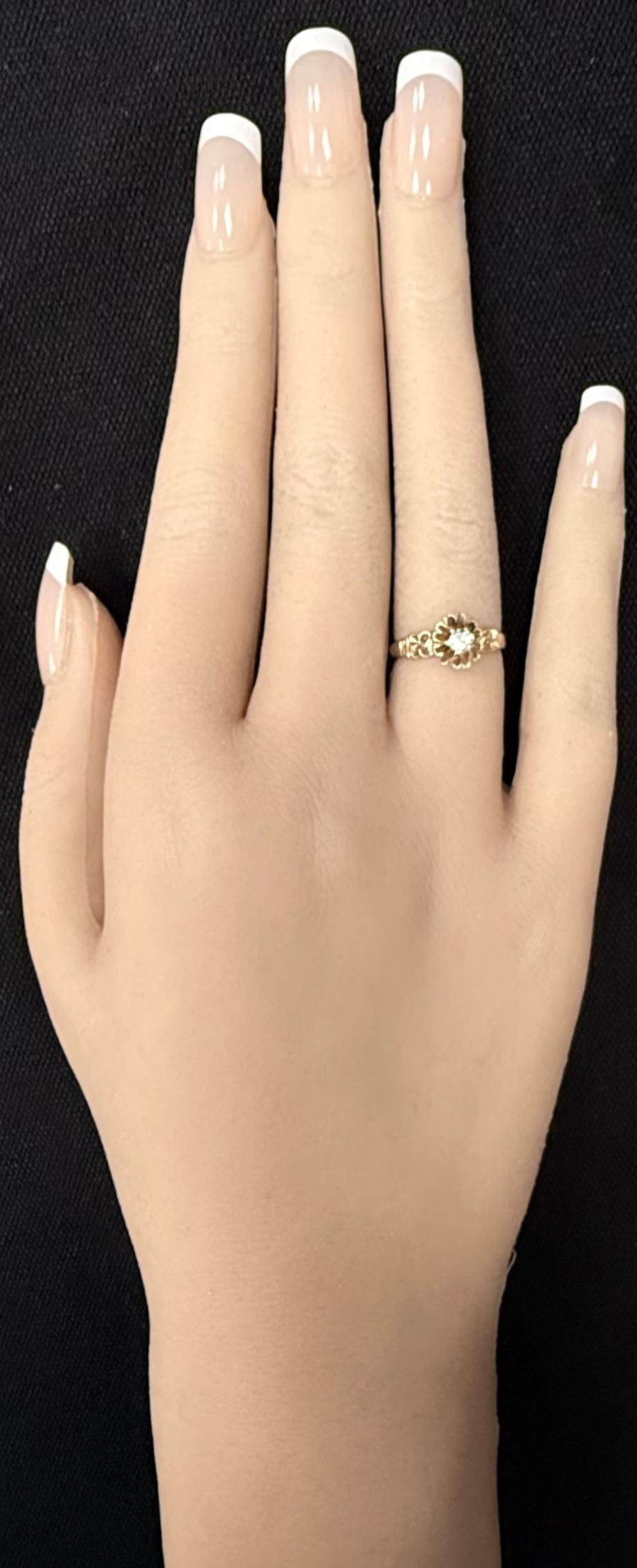 Antique 14K Rose Gold Belcher Round Diamond Solitaire Engraved Milgrain Ring