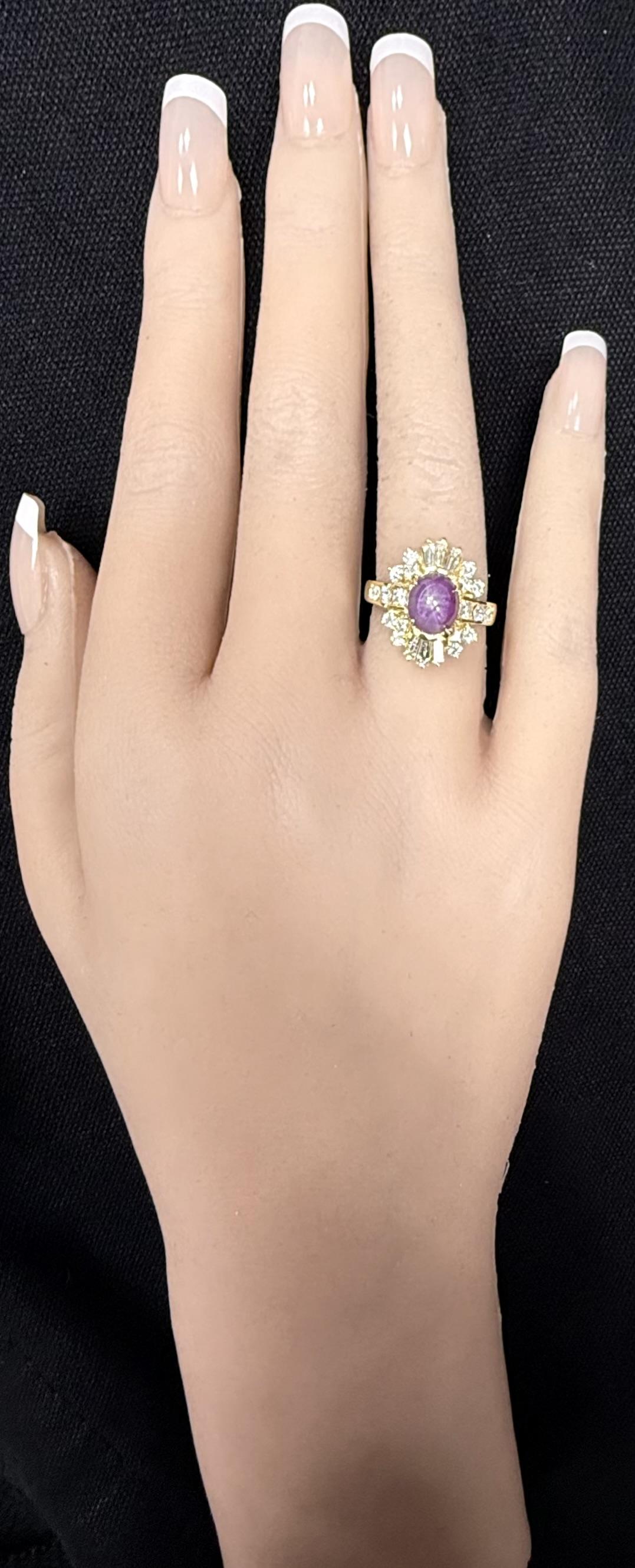 18K Yellow Gold Sugarloaf Star Ruby W/ Baguette & Round Diamond Ballerina Ring