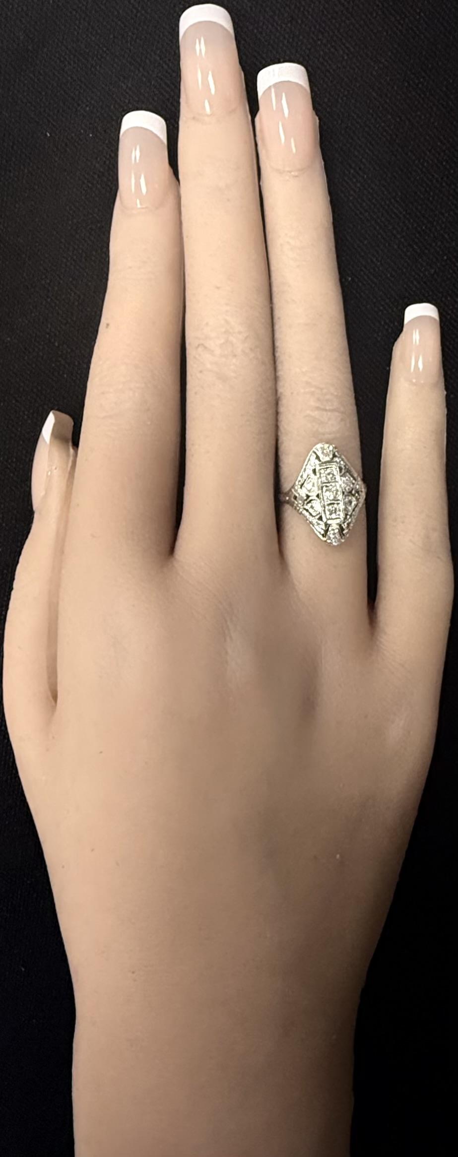 Antique Art Deco Platinum Round Brilliant Cut White Diamond Filigree Ring Size 6