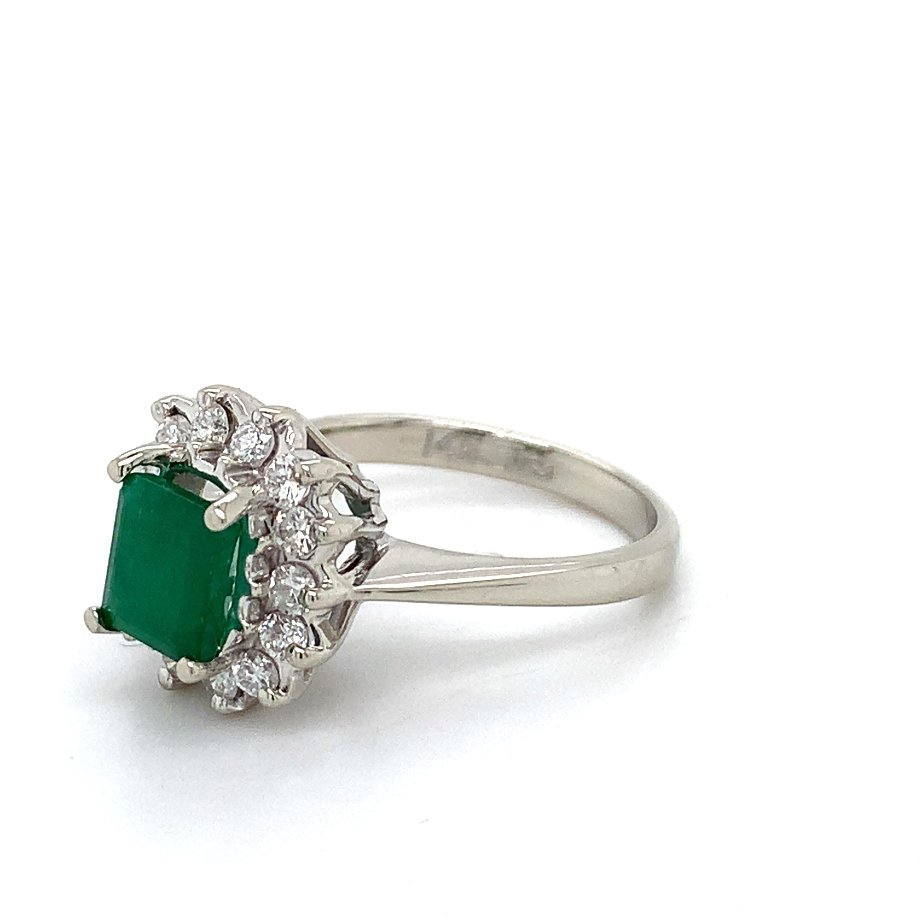 14K White Gold Radiant Cut Emerald and Round Diamond Halo Ring Size 5.75