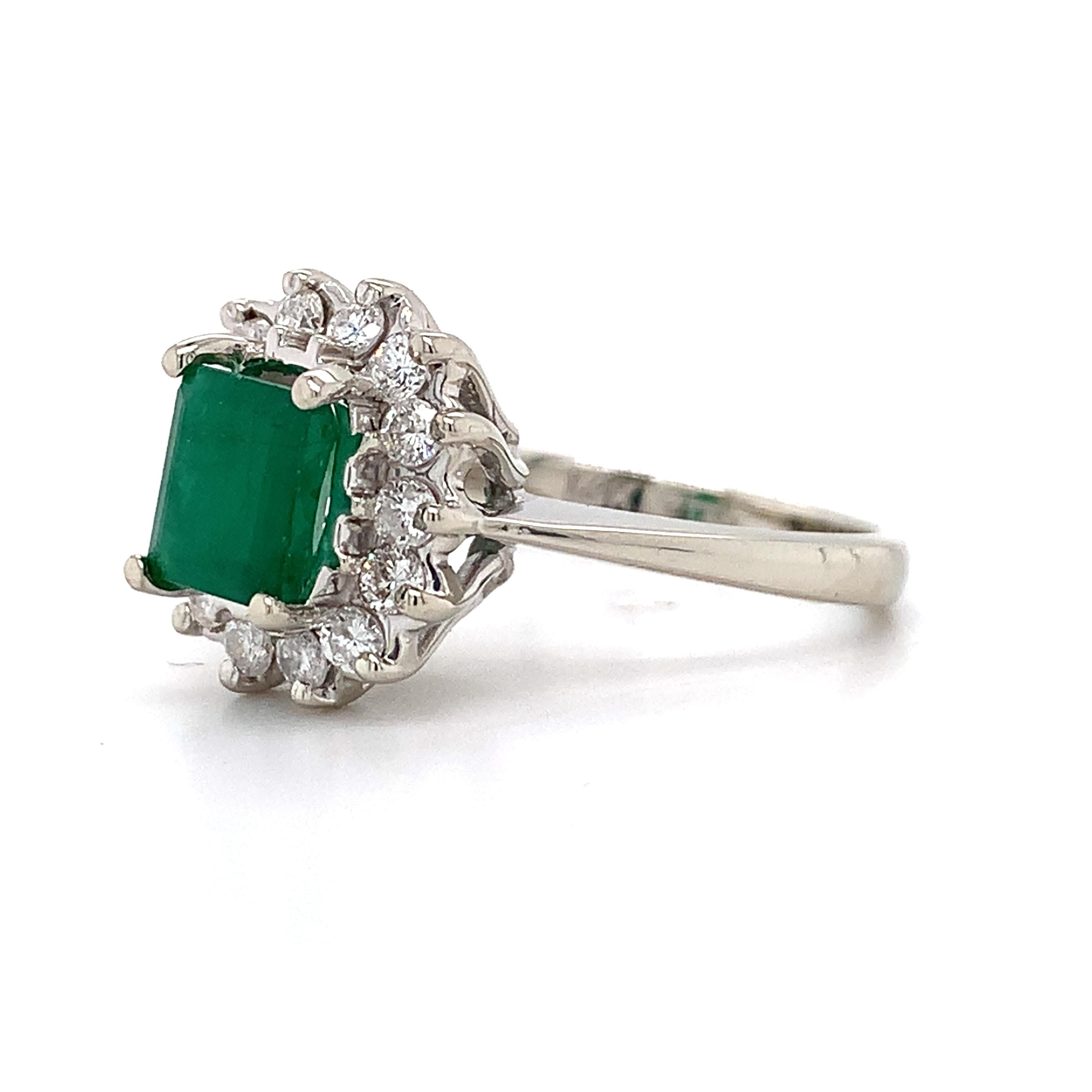 14K White Gold Radiant Cut Emerald and Round Diamond Halo Ring Size 5.75