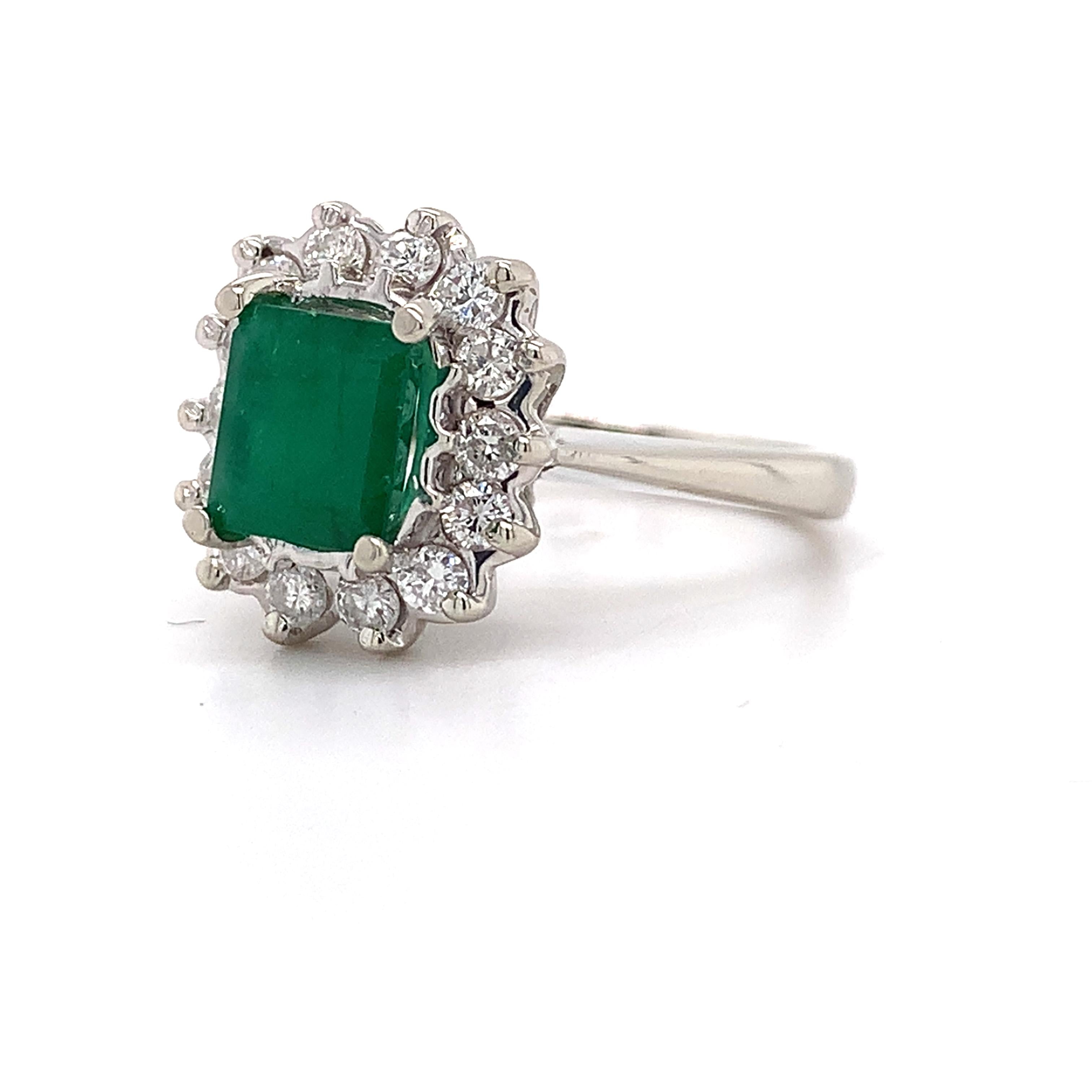 14K White Gold Radiant Cut Emerald and Round Diamond Halo Ring Size 5.75