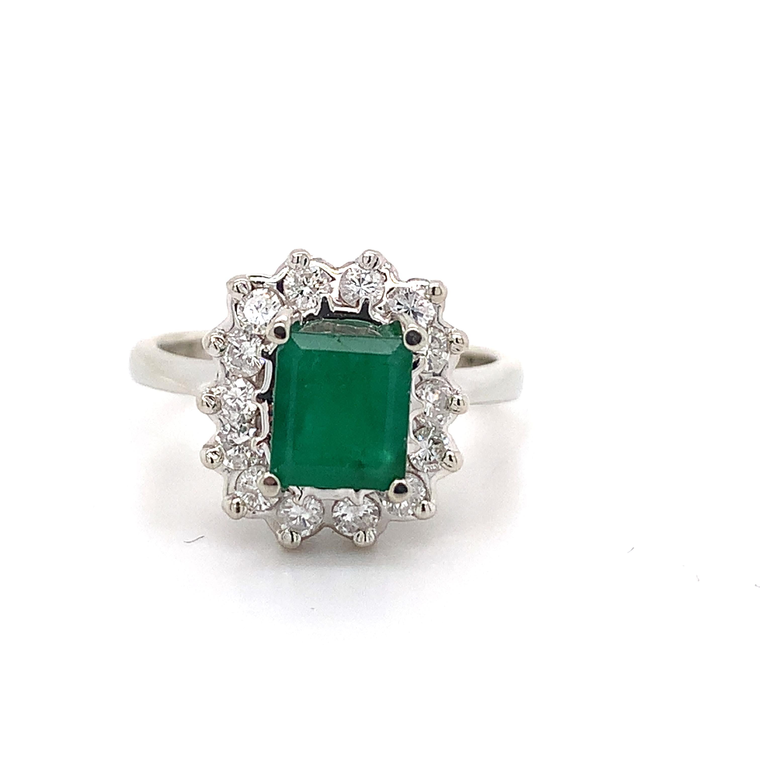 14K White Gold Radiant Cut Emerald and Round Diamond Halo Ring Size 5.75