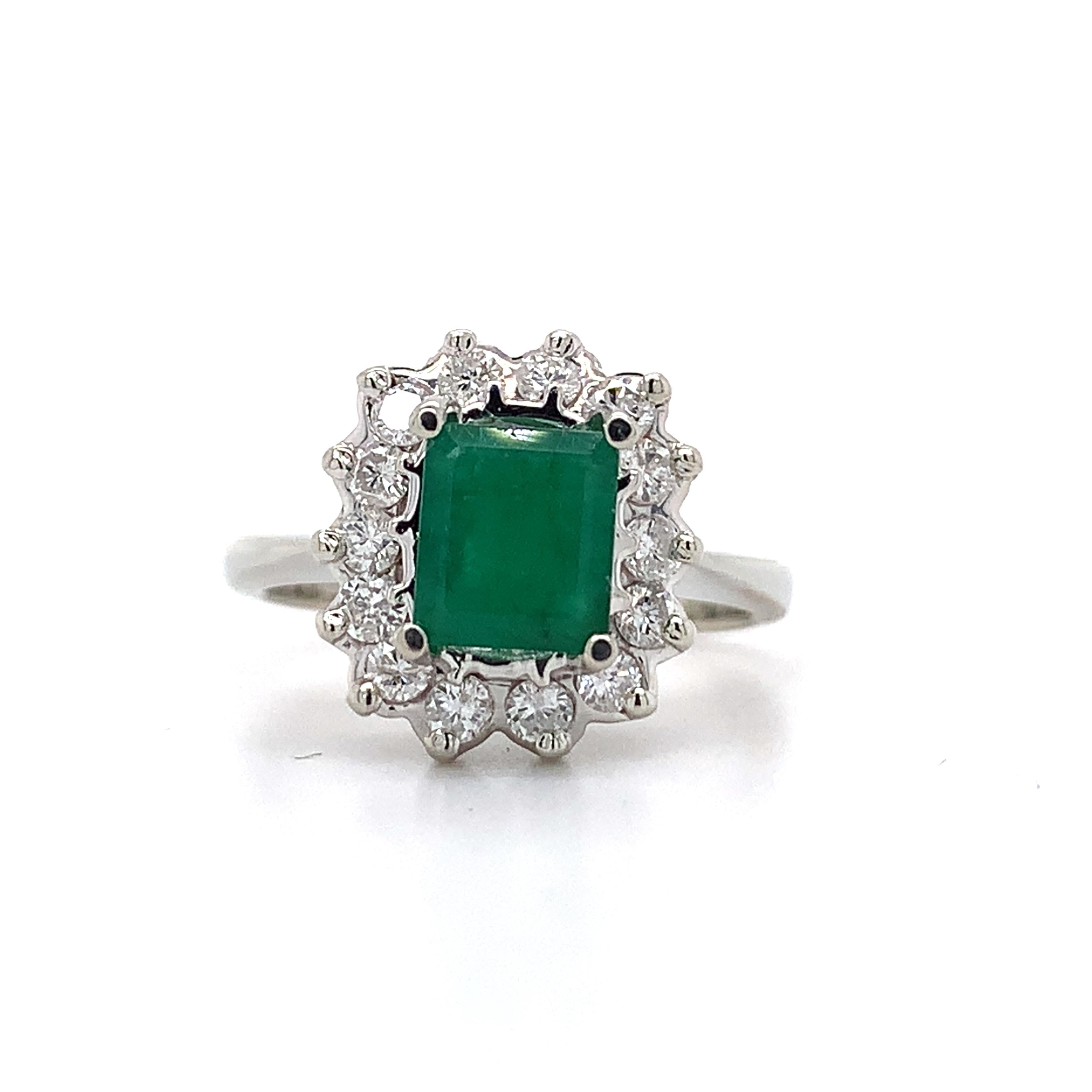 14K White Gold Radiant Cut Emerald and Round Diamond Halo Ring Size 5.75