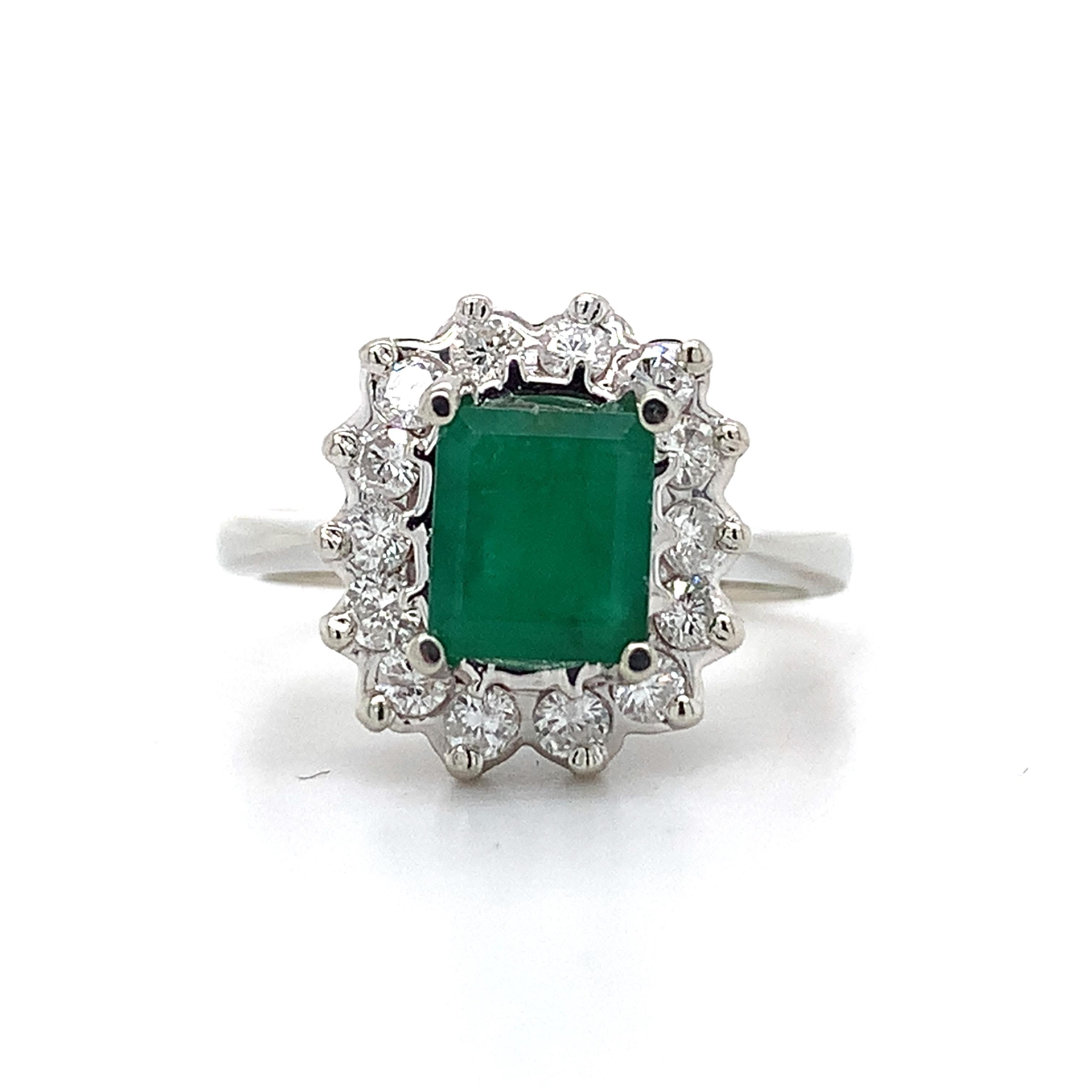 14K White Gold Radiant Cut Emerald and Round Diamond Halo Ring Size 5.75