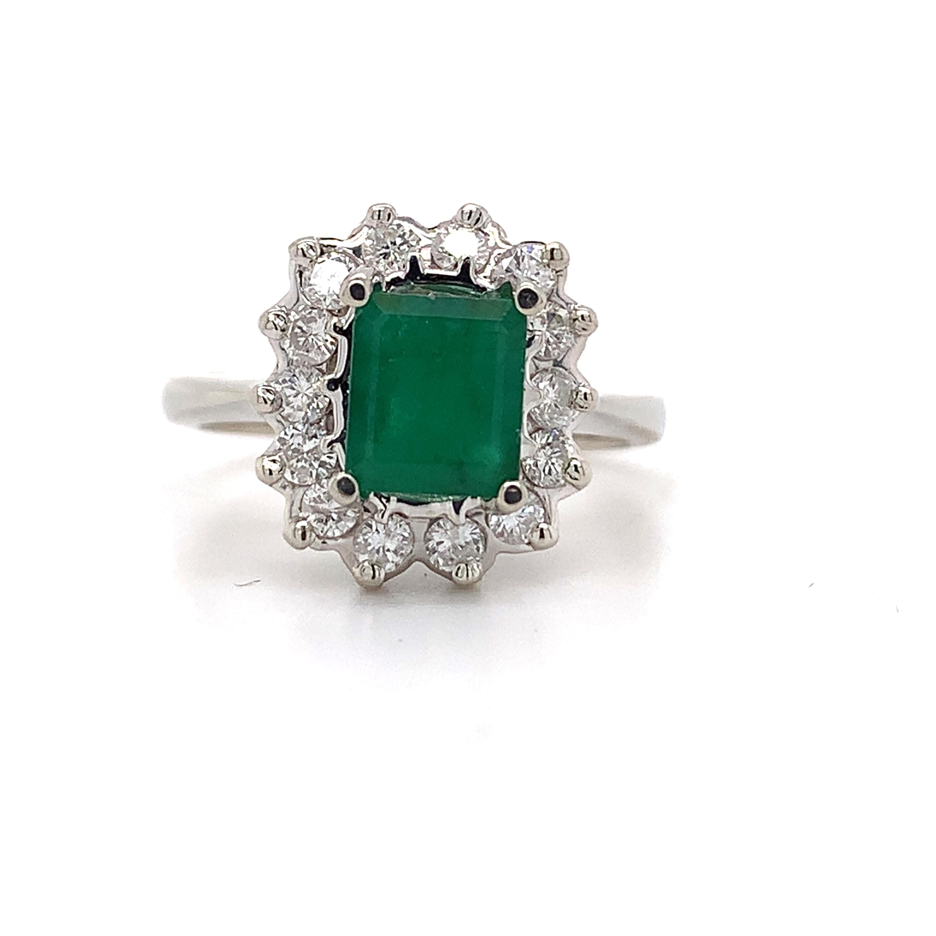 14K White Gold Radiant Cut Emerald and Round Diamond Halo Ring Size 5.75