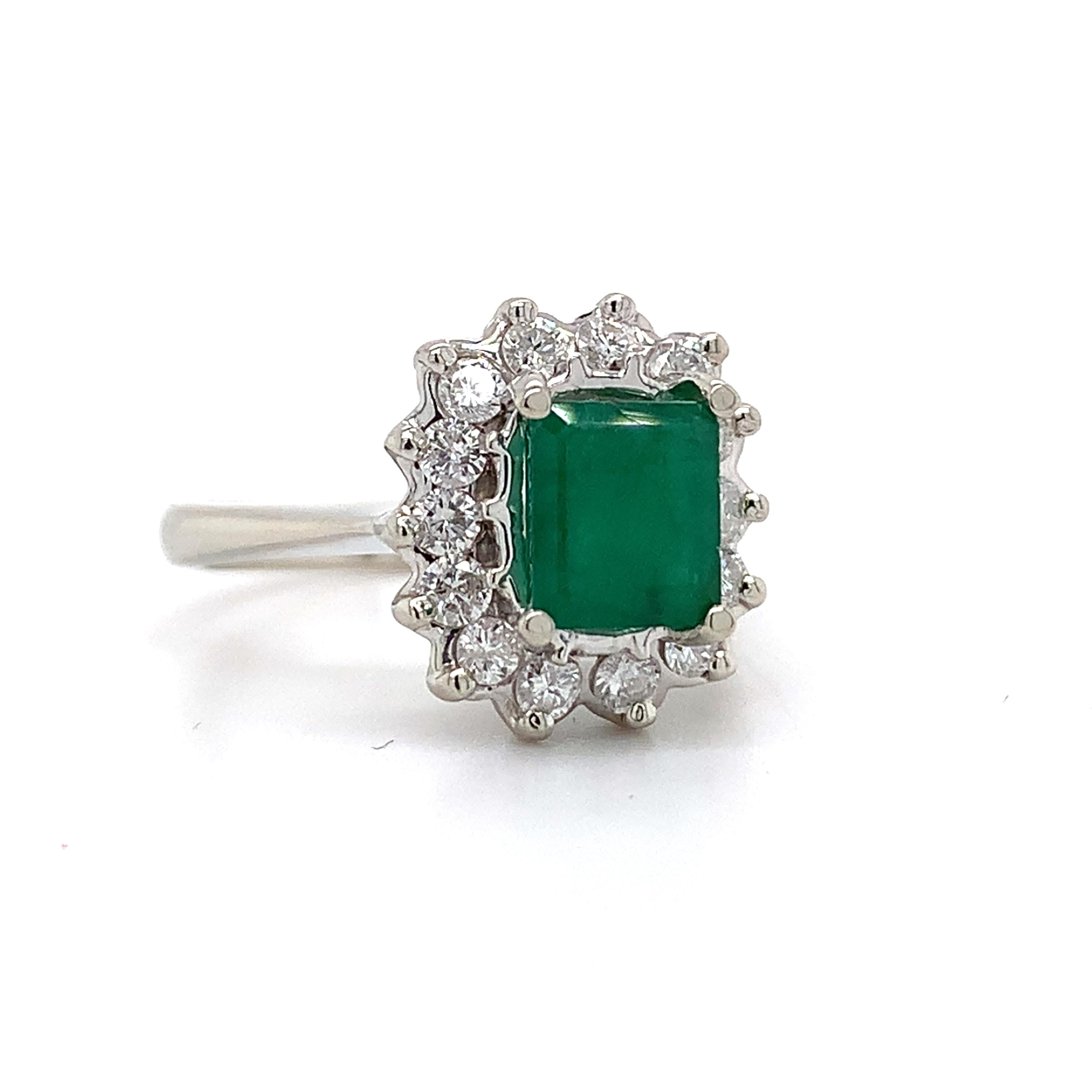 14K White Gold Radiant Cut Emerald and Round Diamond Halo Ring Size 5.75