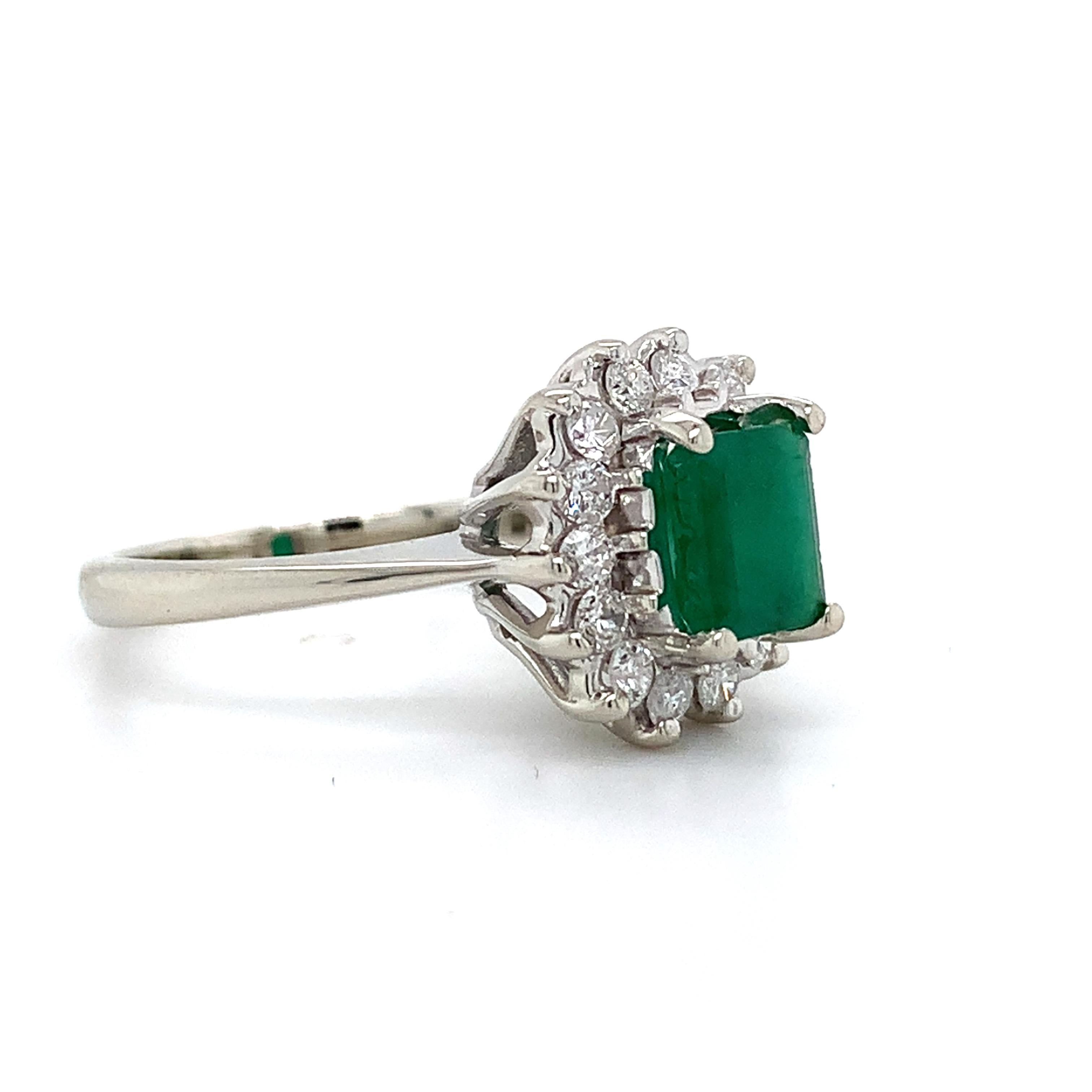 14K White Gold Radiant Cut Emerald and Round Diamond Halo Ring Size 5.75
