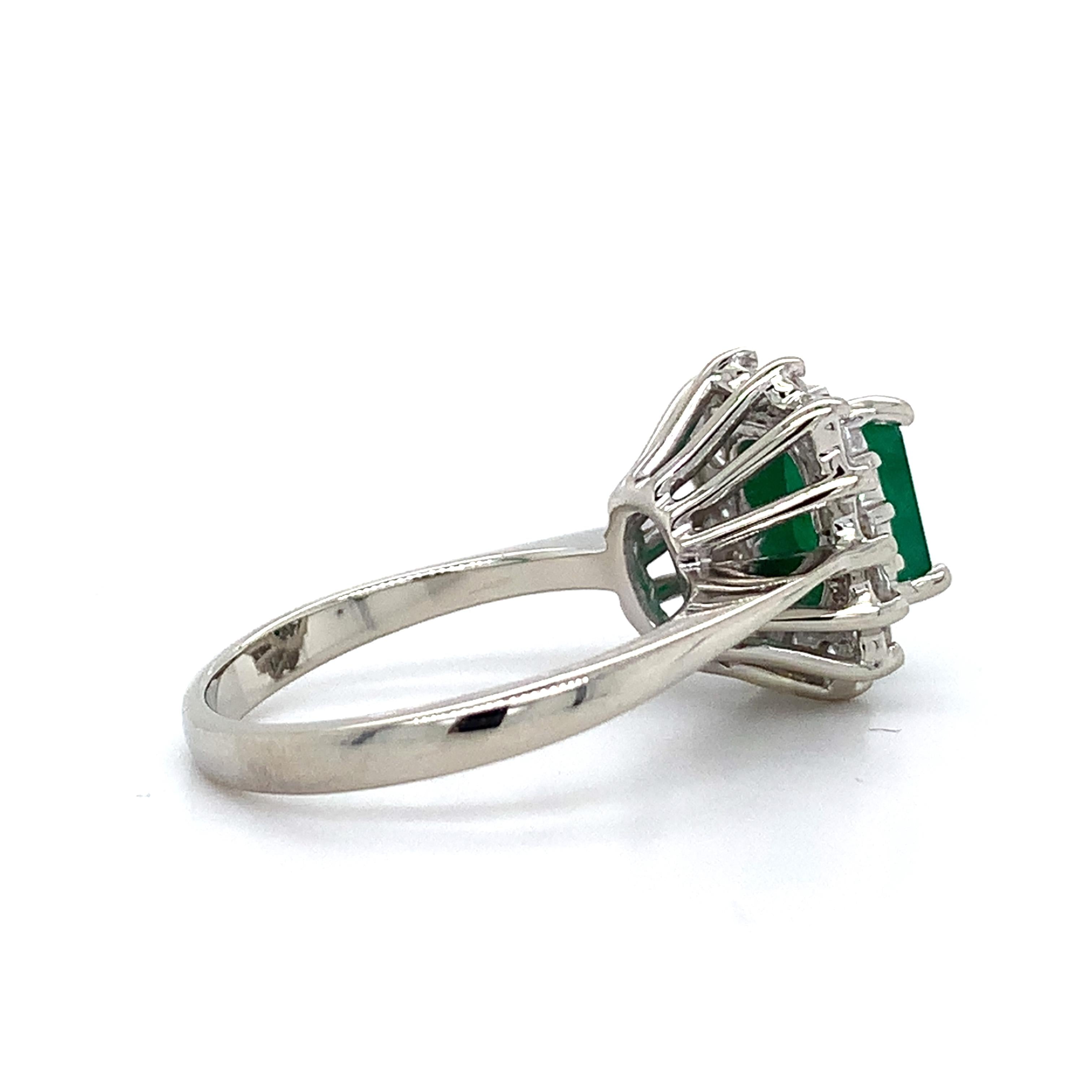 14K White Gold Radiant Cut Emerald and Round Diamond Halo Ring Size 5.75