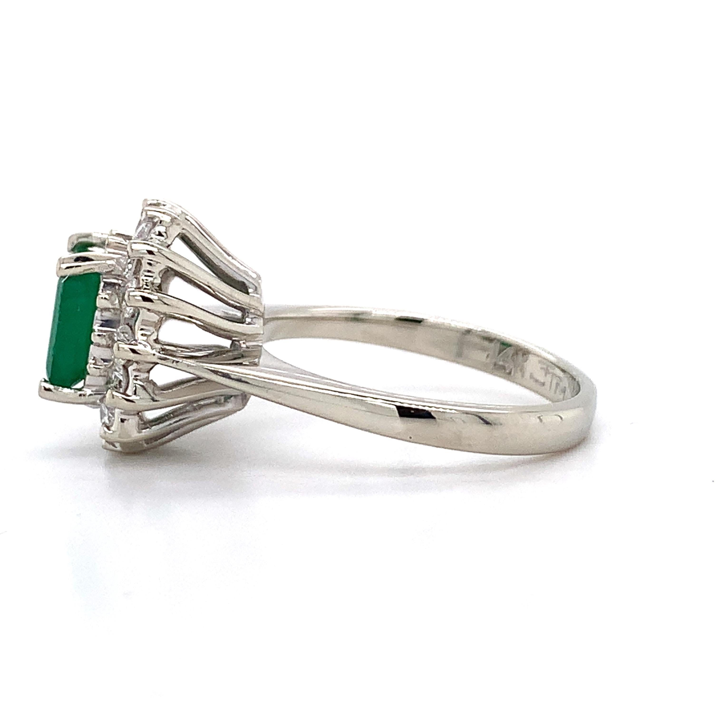 14K White Gold Radiant Cut Emerald and Round Diamond Halo Ring Size 5.75