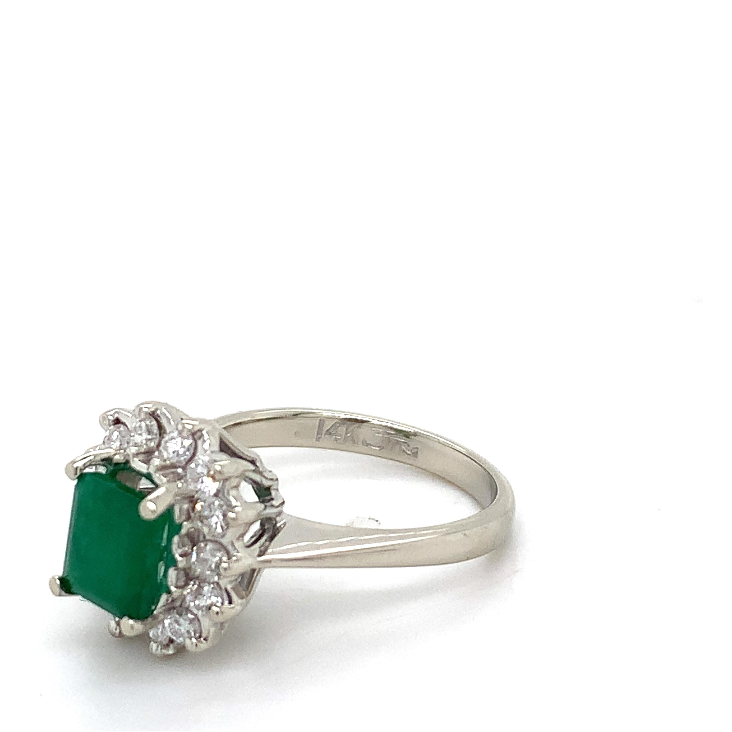 14K White Gold Radiant Cut Emerald and Round Diamond Halo Ring Size 5.75