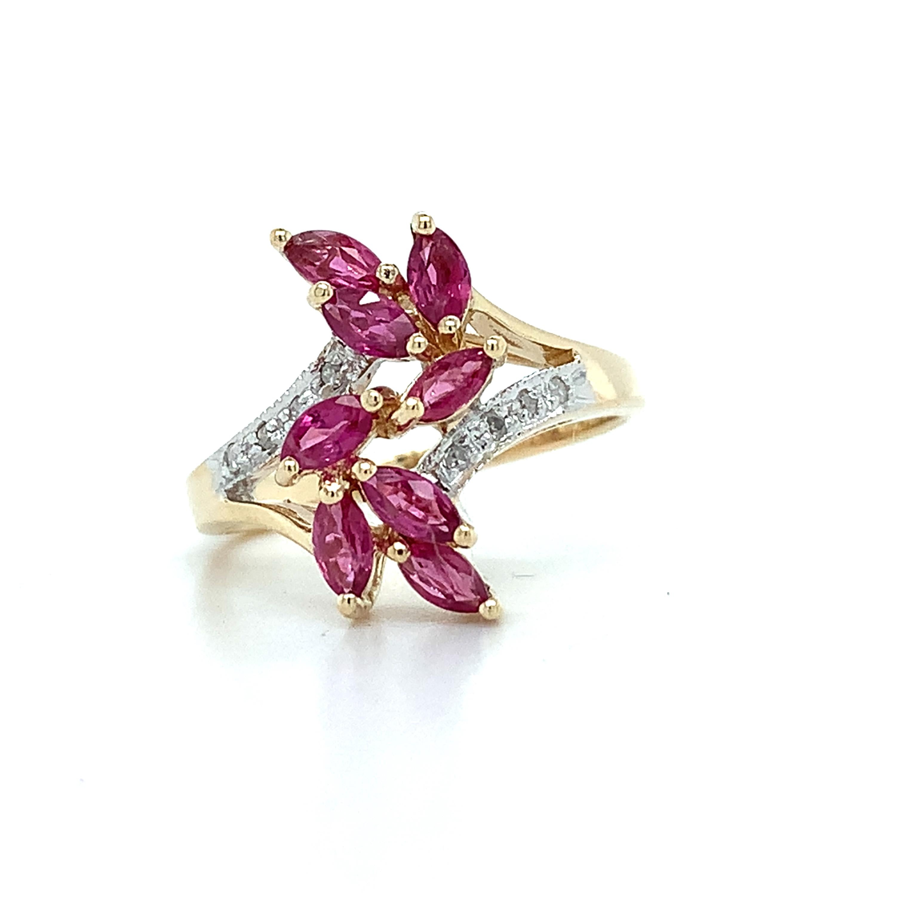 10K Yellow Gold Marquise Red Ruby & Round Cut Diamond Cluster Ring Size 5