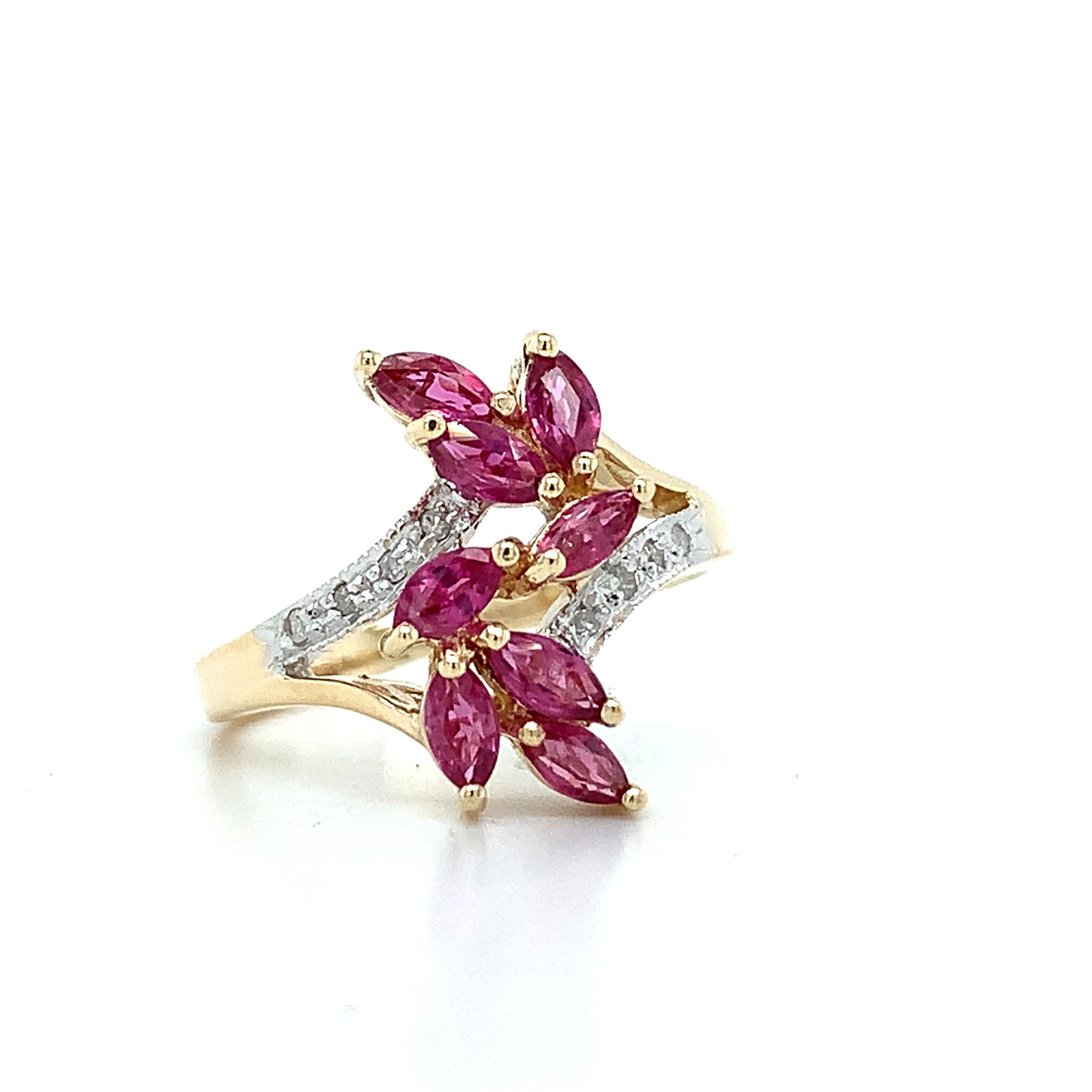 10K Yellow Gold Marquise Red Ruby & Round Cut Diamond Cluster Ring Size 5