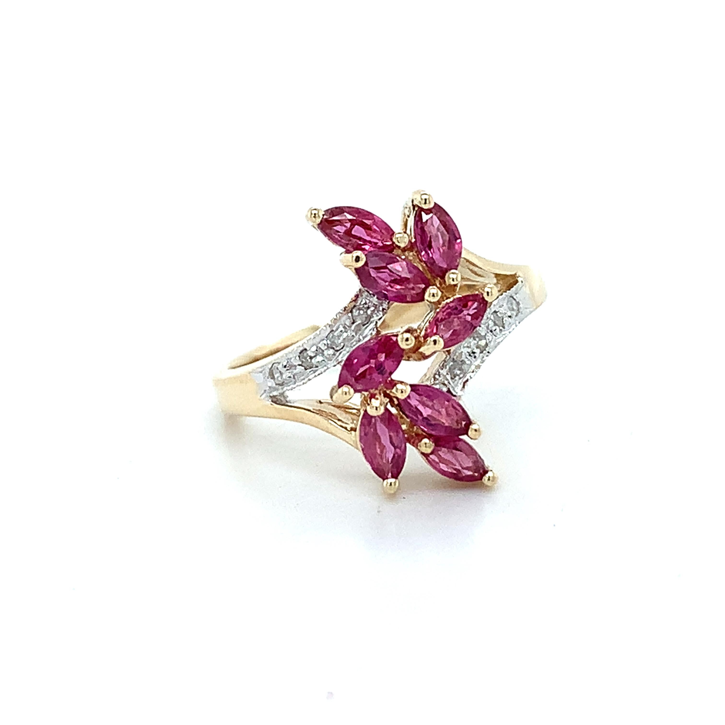 10K Yellow Gold Marquise Red Ruby & Round Cut Diamond Cluster Ring Size 5