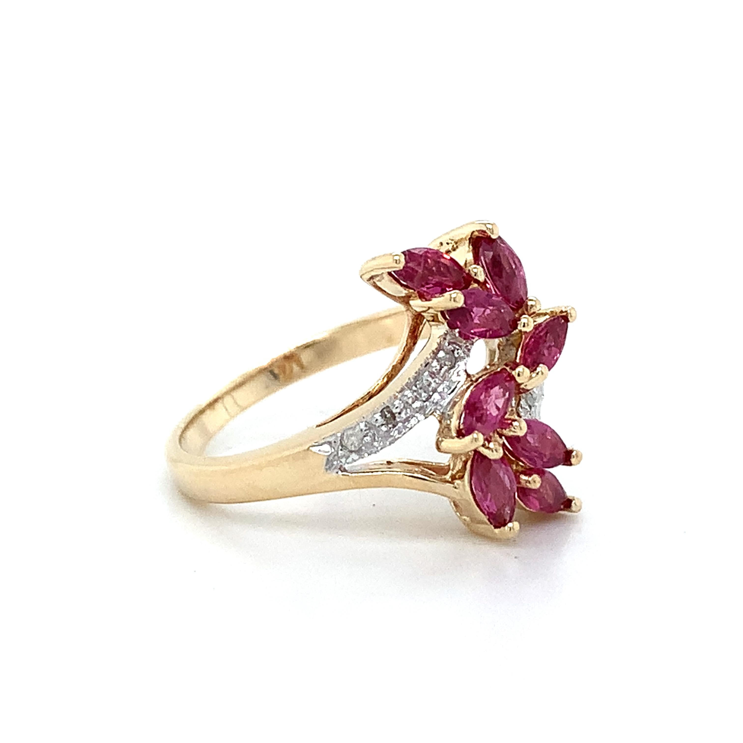 10K Yellow Gold Marquise Red Ruby & Round Cut Diamond Cluster Ring Size 5