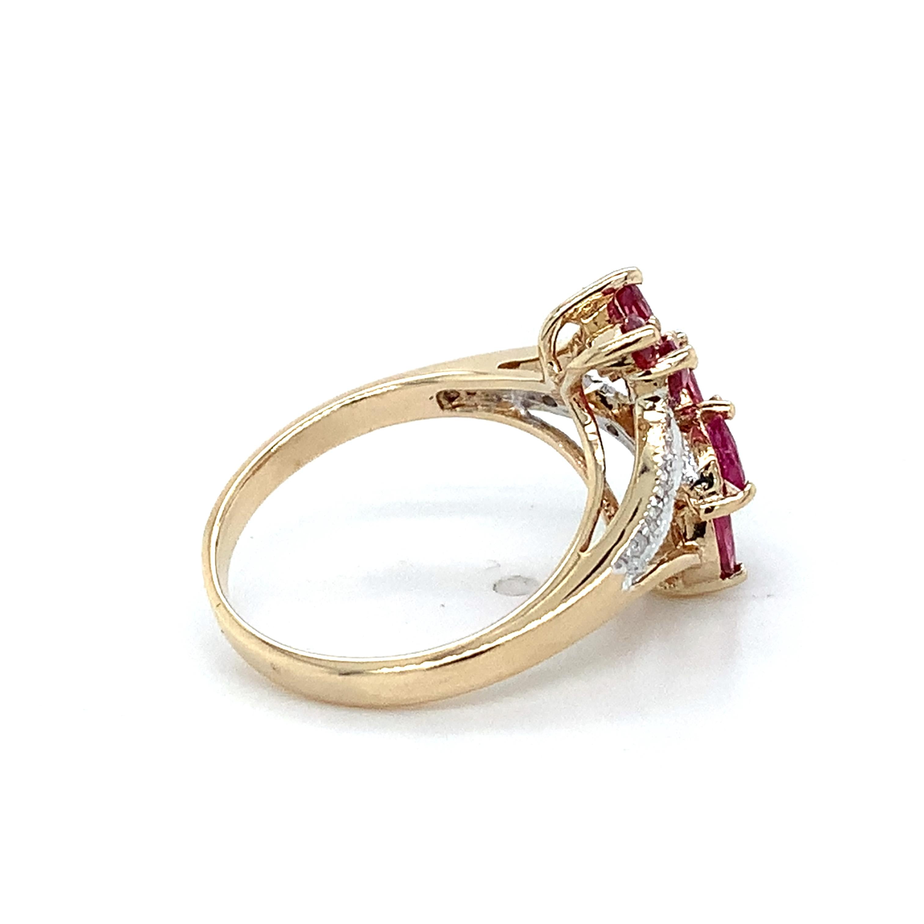 10K Yellow Gold Marquise Red Ruby & Round Cut Diamond Cluster Ring Size 5