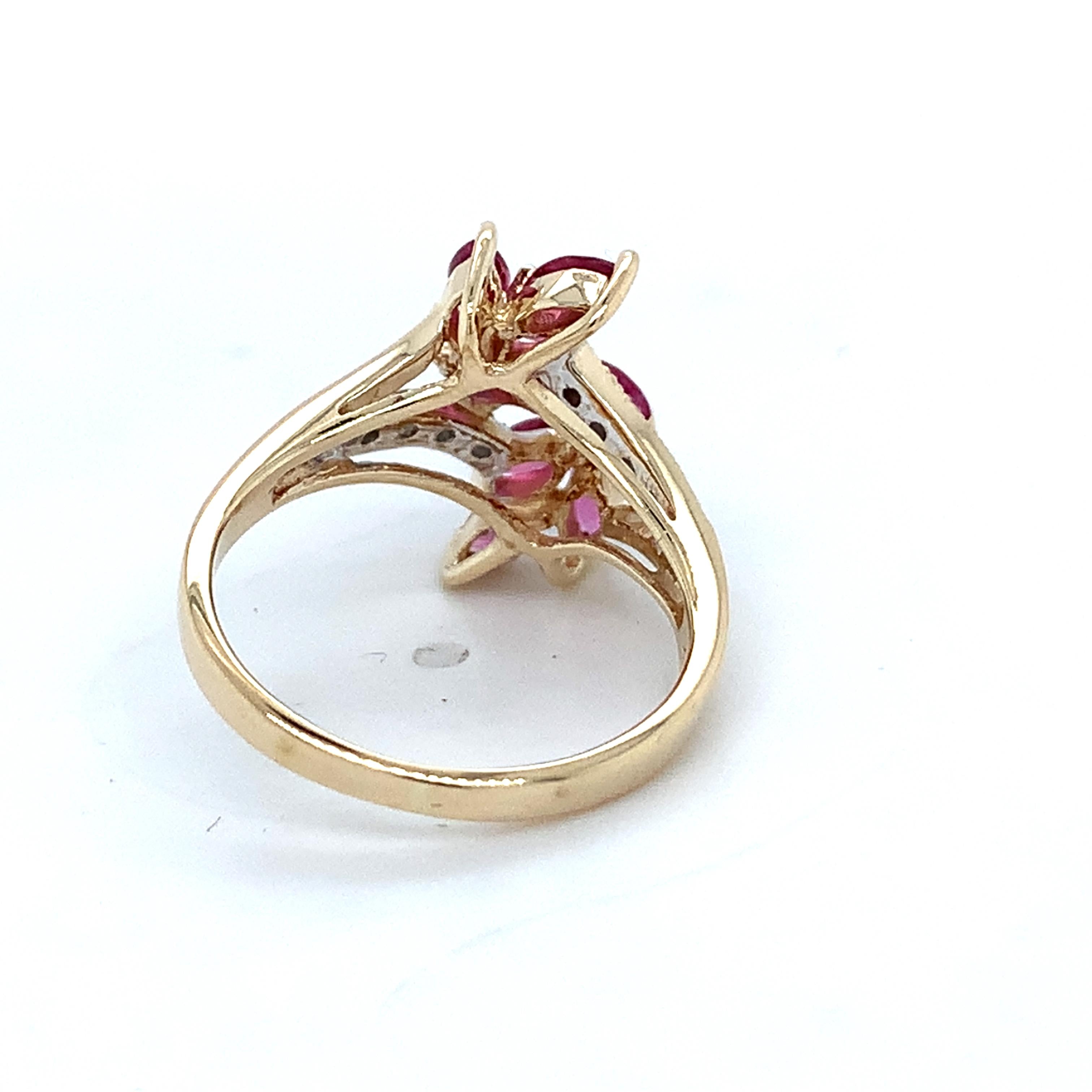10K Yellow Gold Marquise Red Ruby & Round Cut Diamond Cluster Ring Size 5