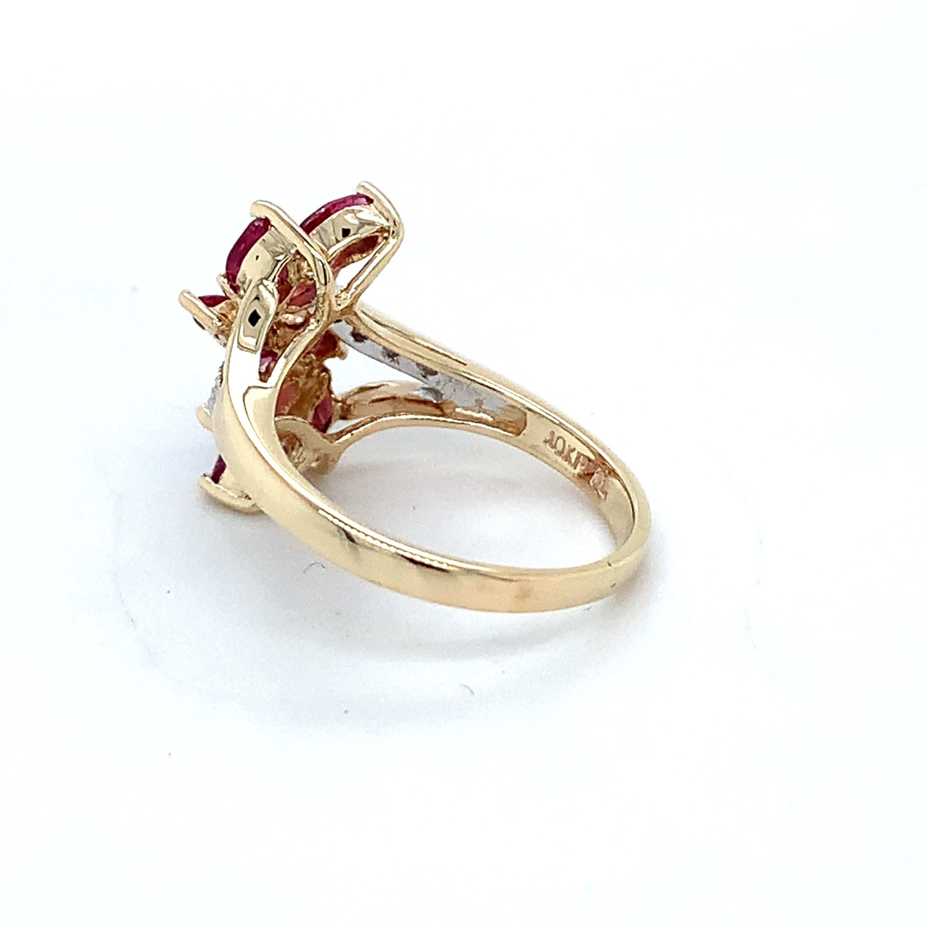 10K Yellow Gold Marquise Red Ruby & Round Cut Diamond Cluster Ring Size 5