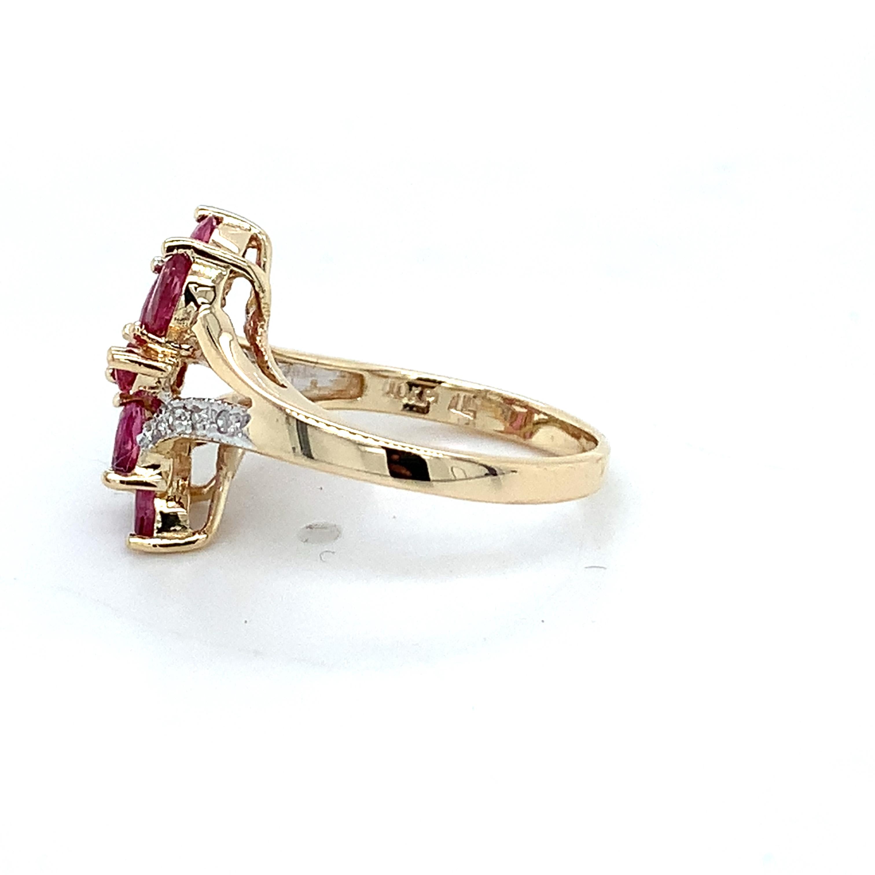 10K Yellow Gold Marquise Red Ruby & Round Cut Diamond Cluster Ring Size 5