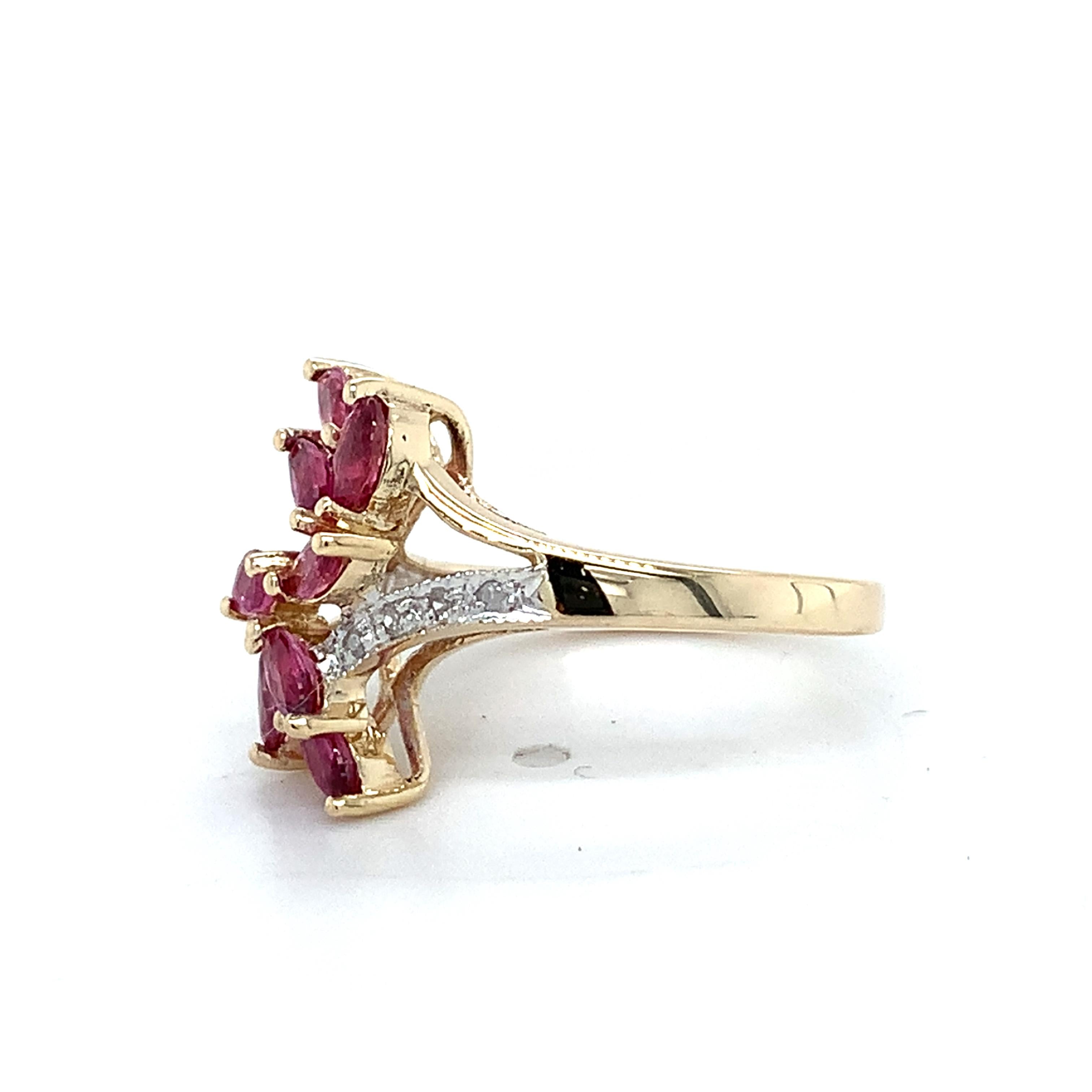 10K Yellow Gold Marquise Red Ruby & Round Cut Diamond Cluster Ring Size 5