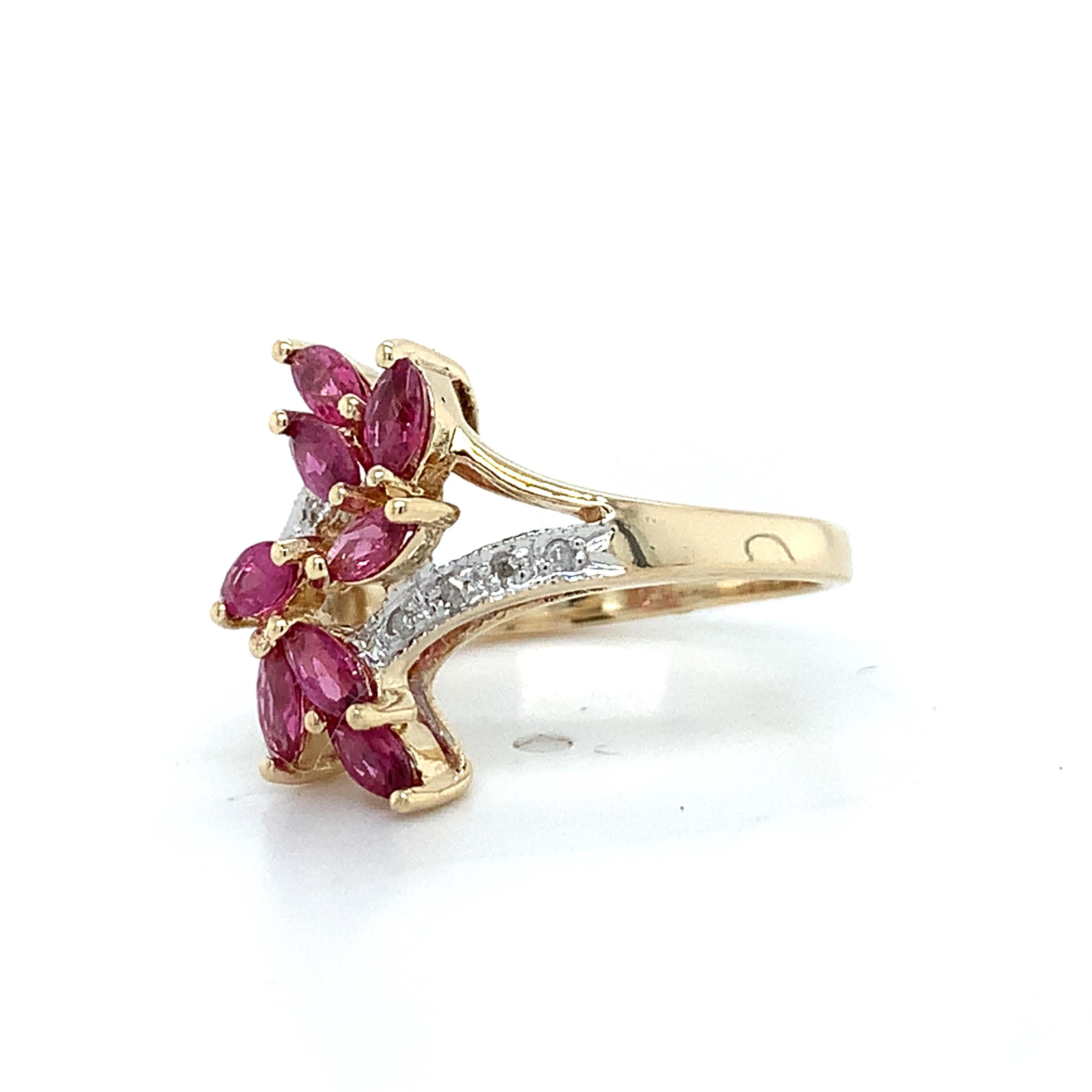 10K Yellow Gold Marquise Red Ruby & Round Cut Diamond Cluster Ring Size 5
