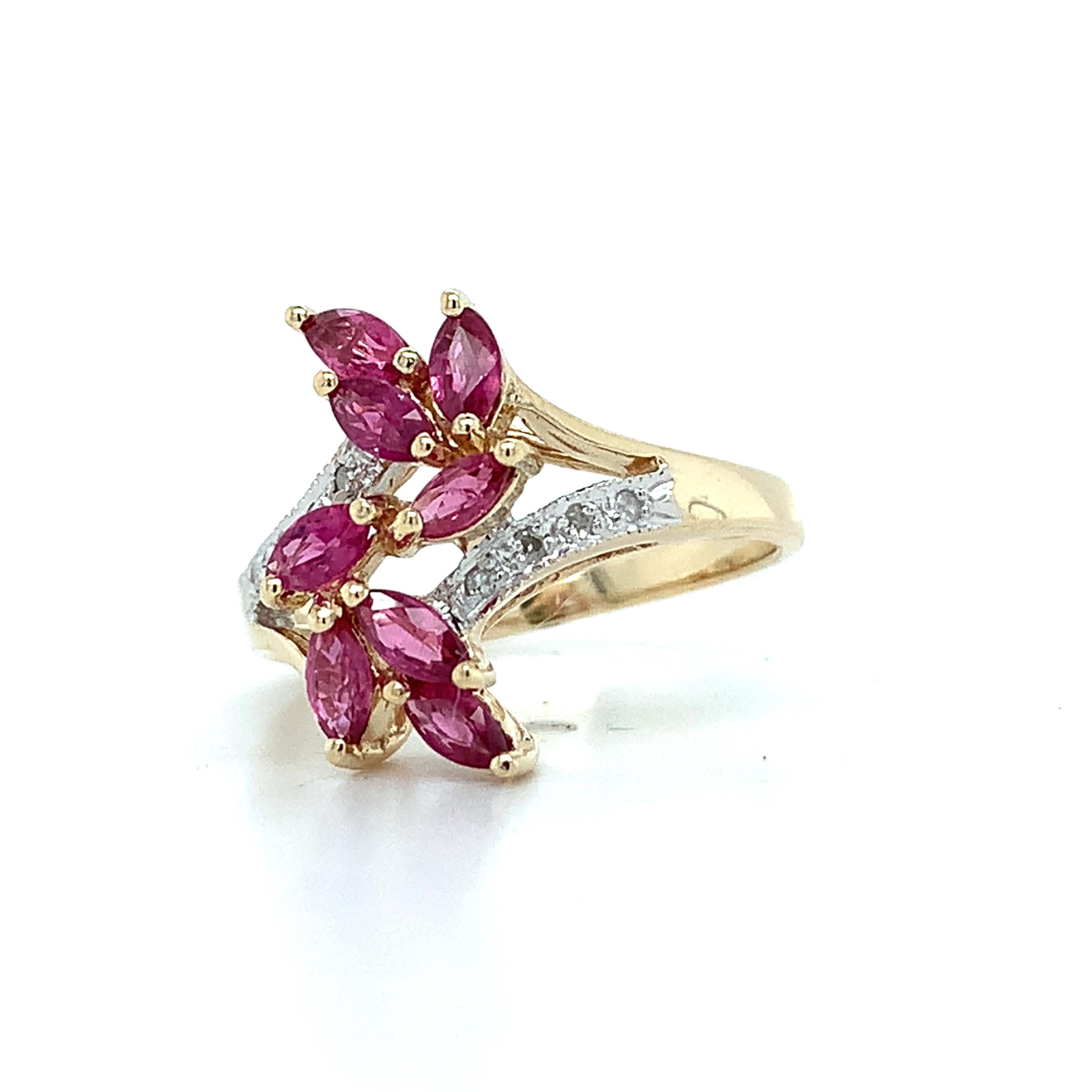 10K Yellow Gold Marquise Red Ruby & Round Cut Diamond Cluster Ring Size 5