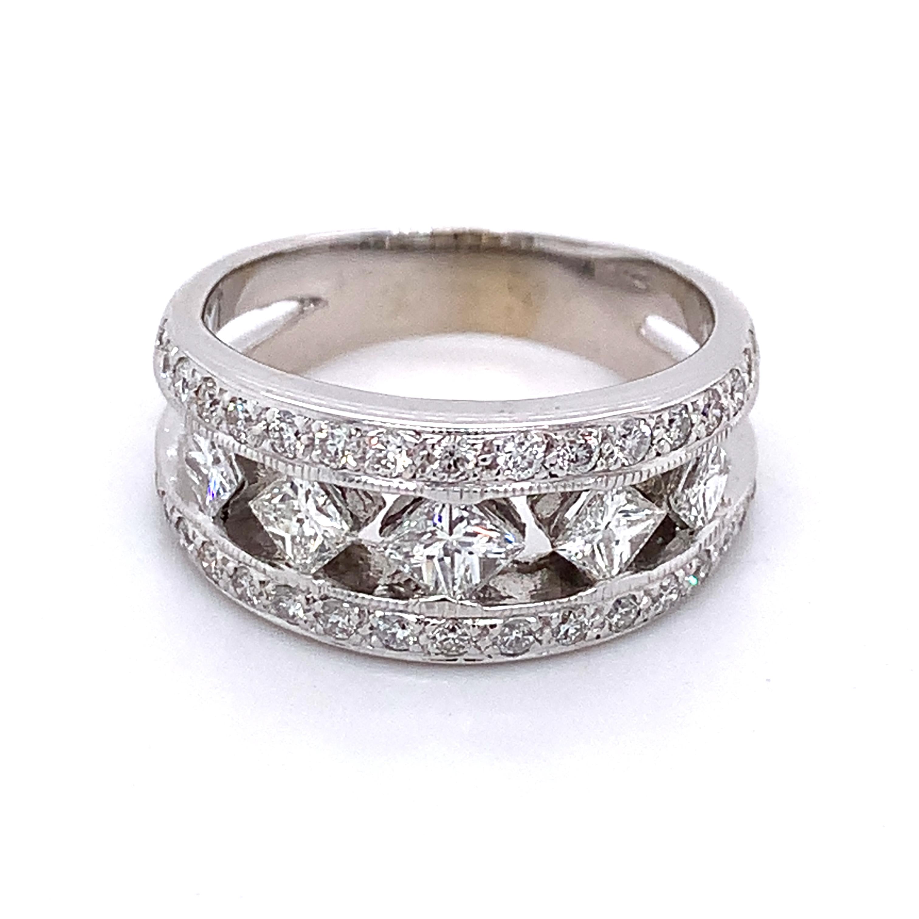 Vintage 14K White Gold Princess Cut & Round Diamond 5 Stone Wide Band Ring