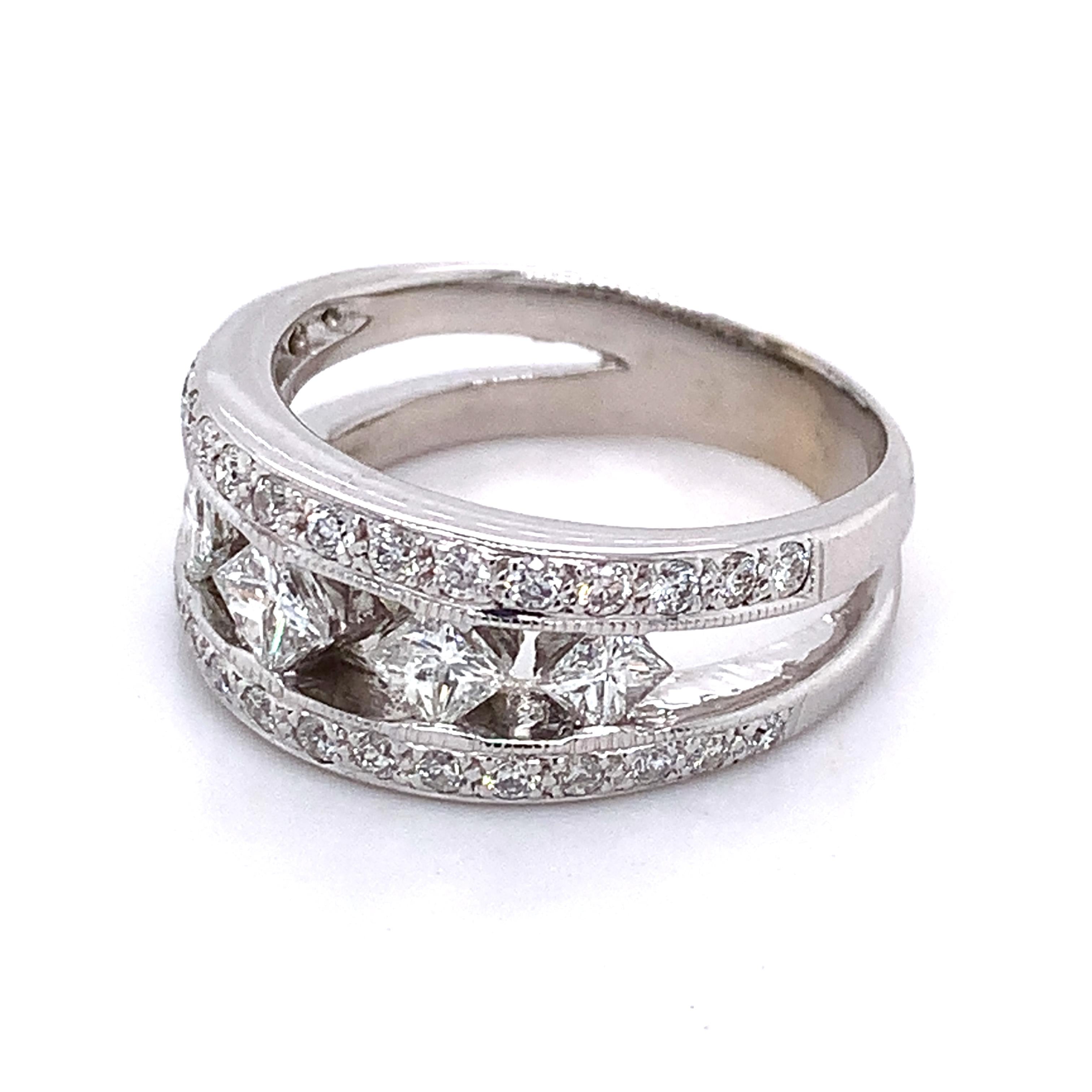 Vintage 14K White Gold Princess Cut & Round Diamond 5 Stone Wide Band Ring