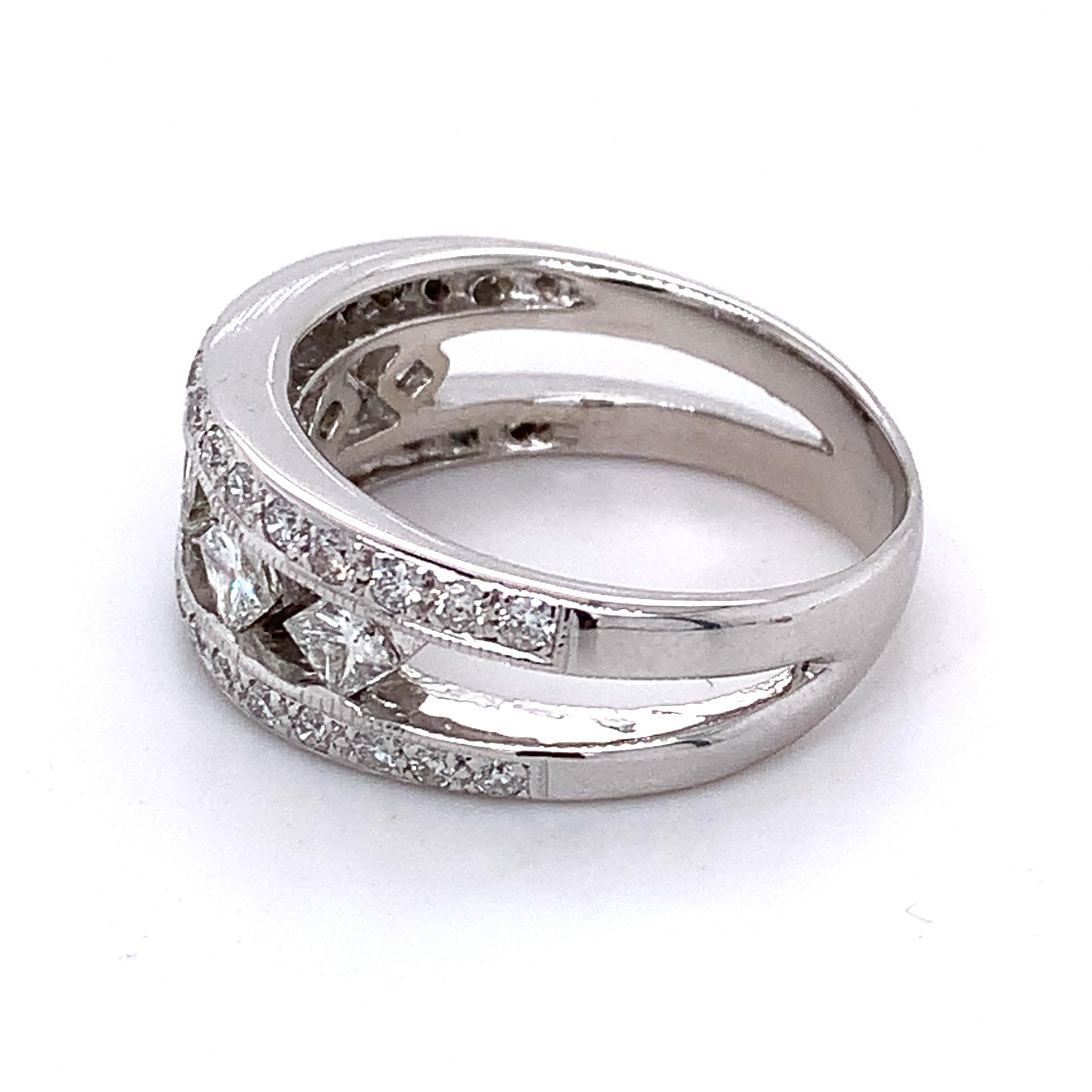 Vintage 14K White Gold Princess Cut & Round Diamond 5 Stone Wide Band Ring
