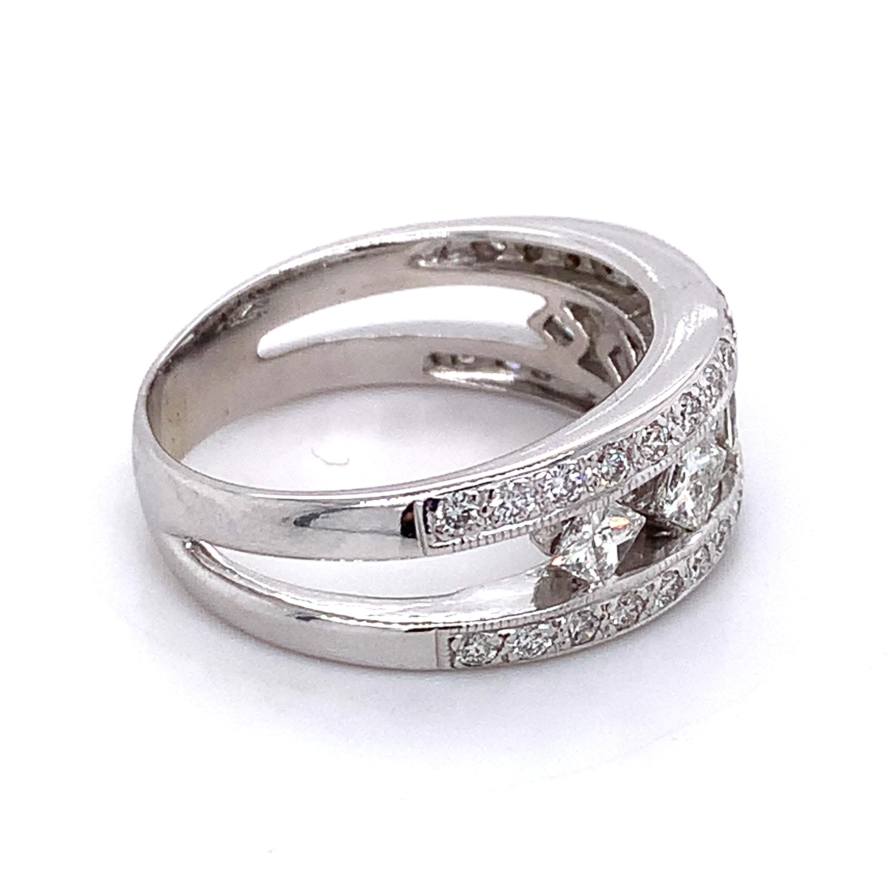 Vintage 14K White Gold Princess Cut & Round Diamond 5 Stone Wide Band Ring