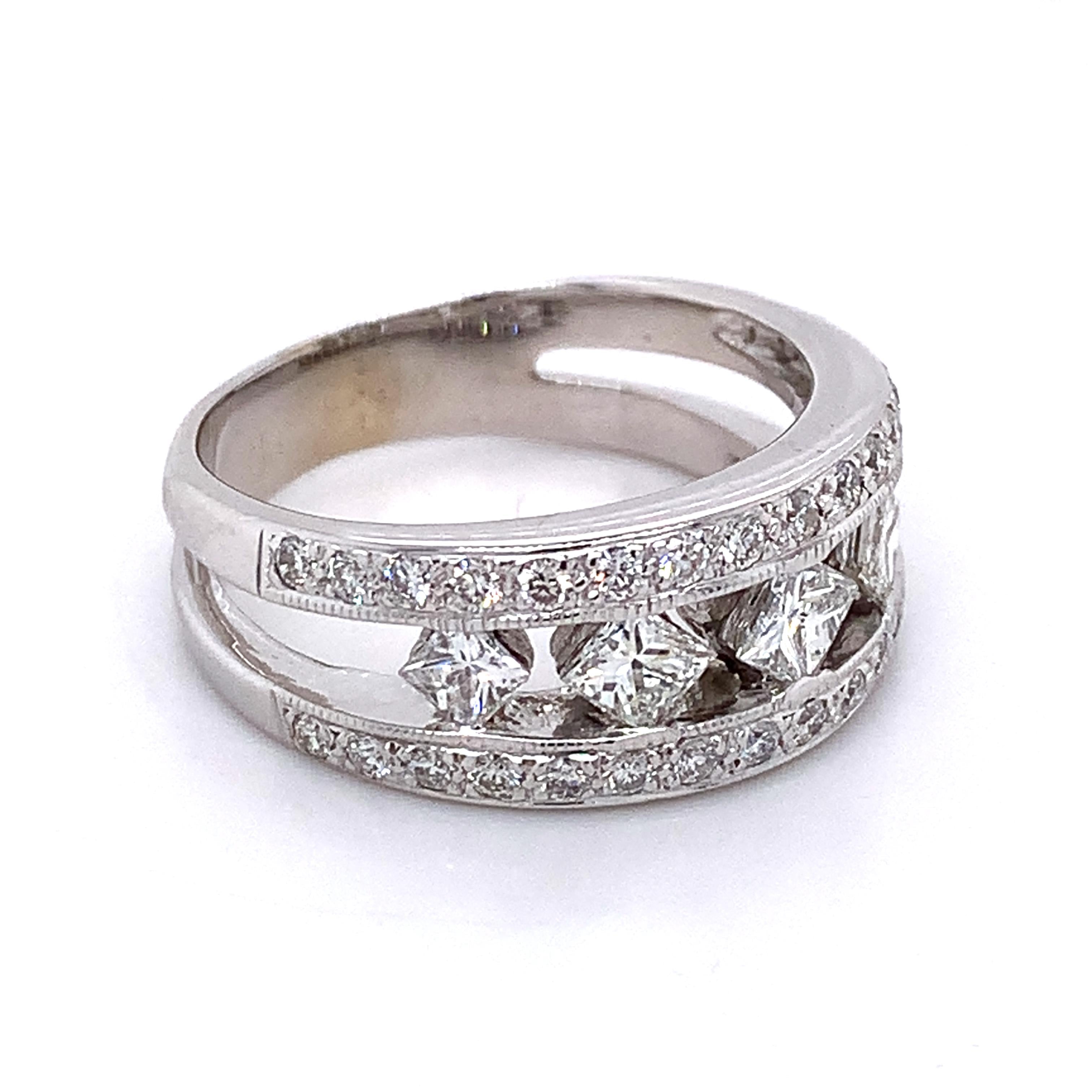 Vintage 14K White Gold Princess Cut & Round Diamond 5 Stone Wide Band Ring