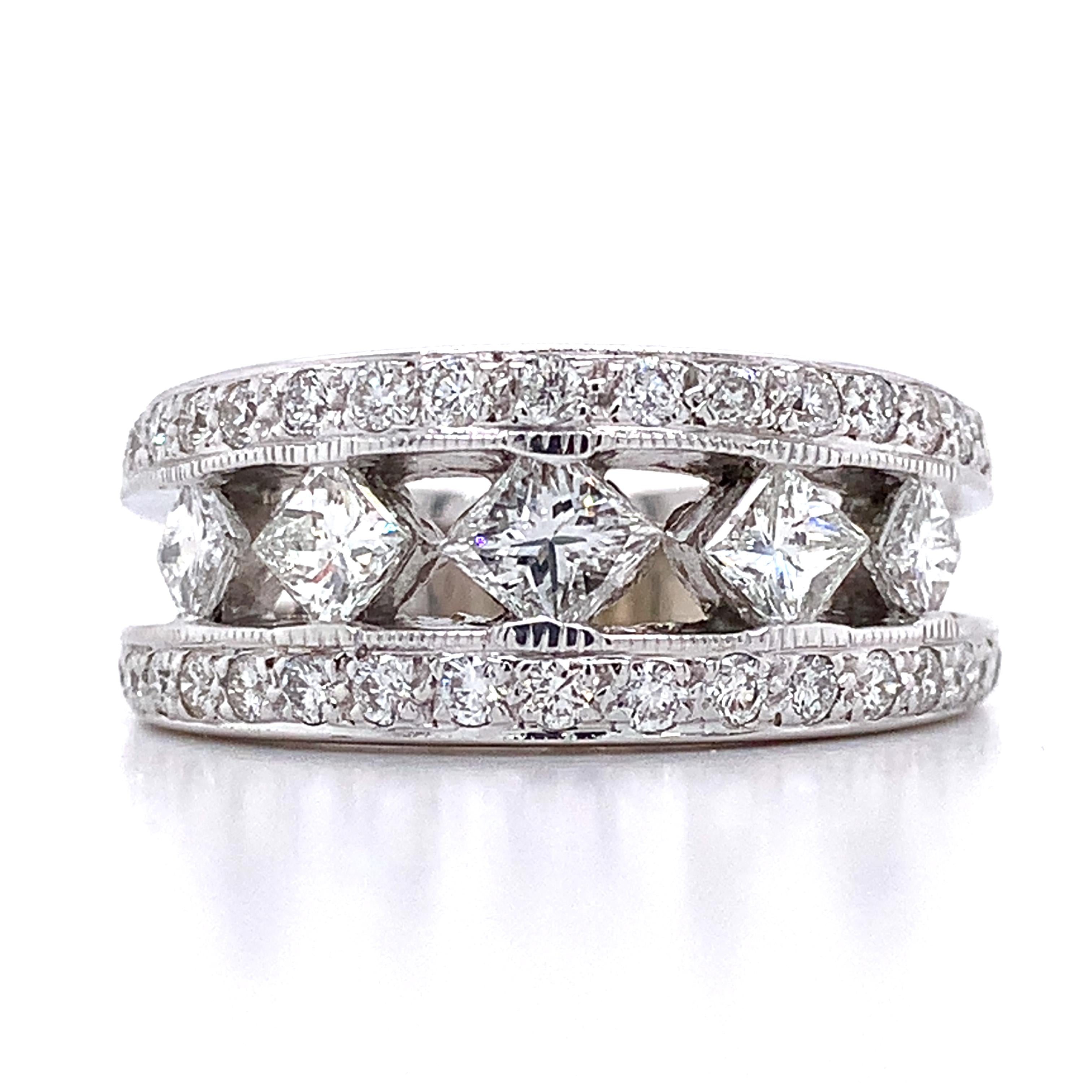 Vintage 14K White Gold Princess Cut & Round Diamond 5 Stone Wide Band Ring