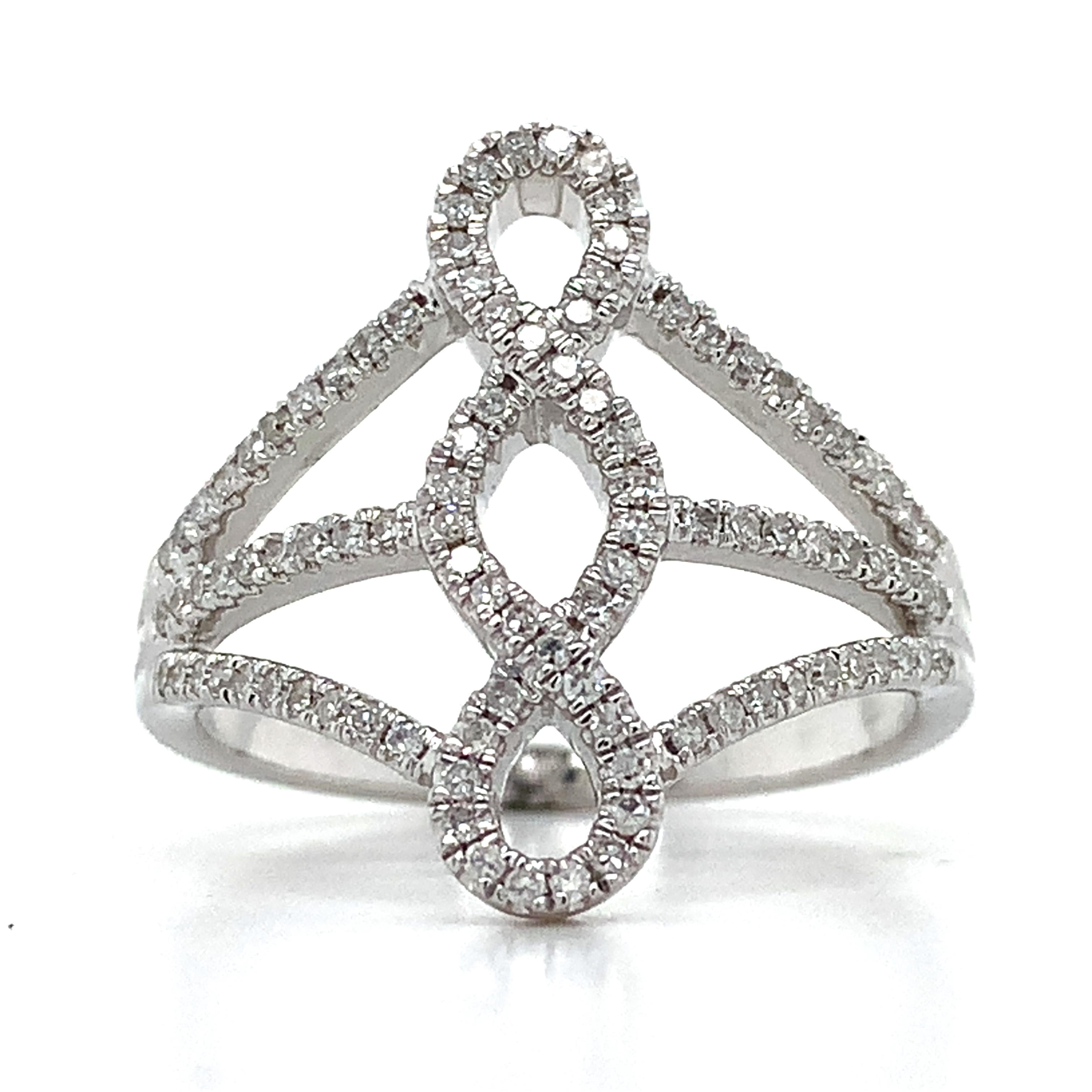 14k White Gold Pave .35CTW Single Cut Round Diamond Openwork Infinity Ring
