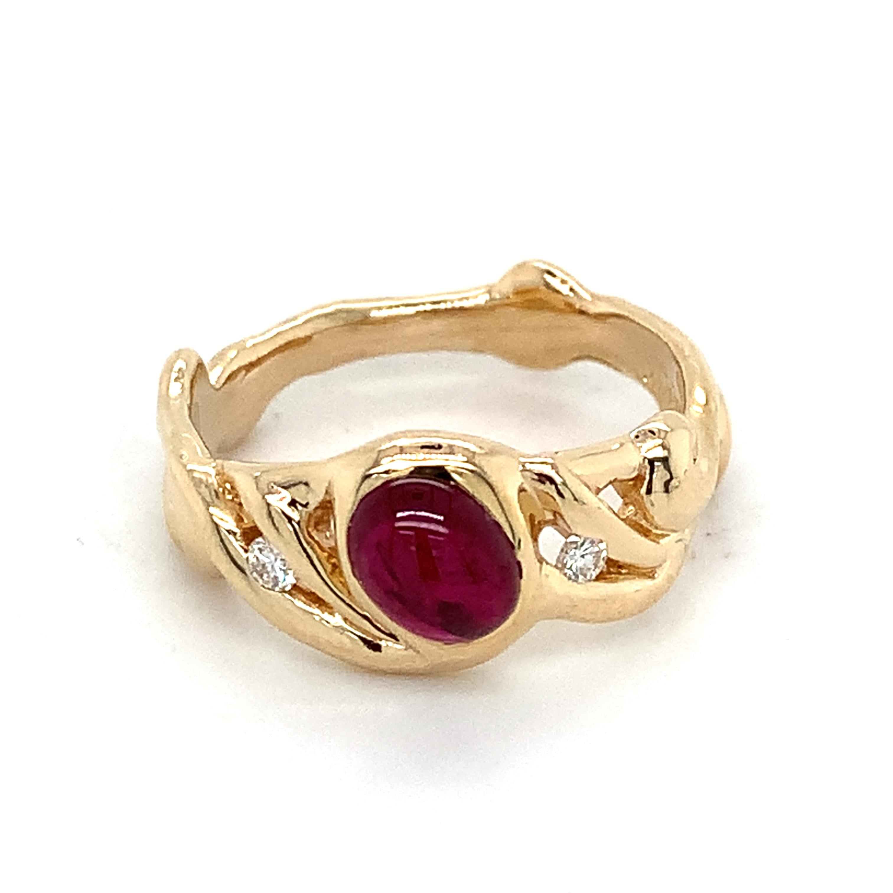 Vintage 14K Yellow Gold Oval Ruby With Diamond Accent Ornate Curved Band Ring