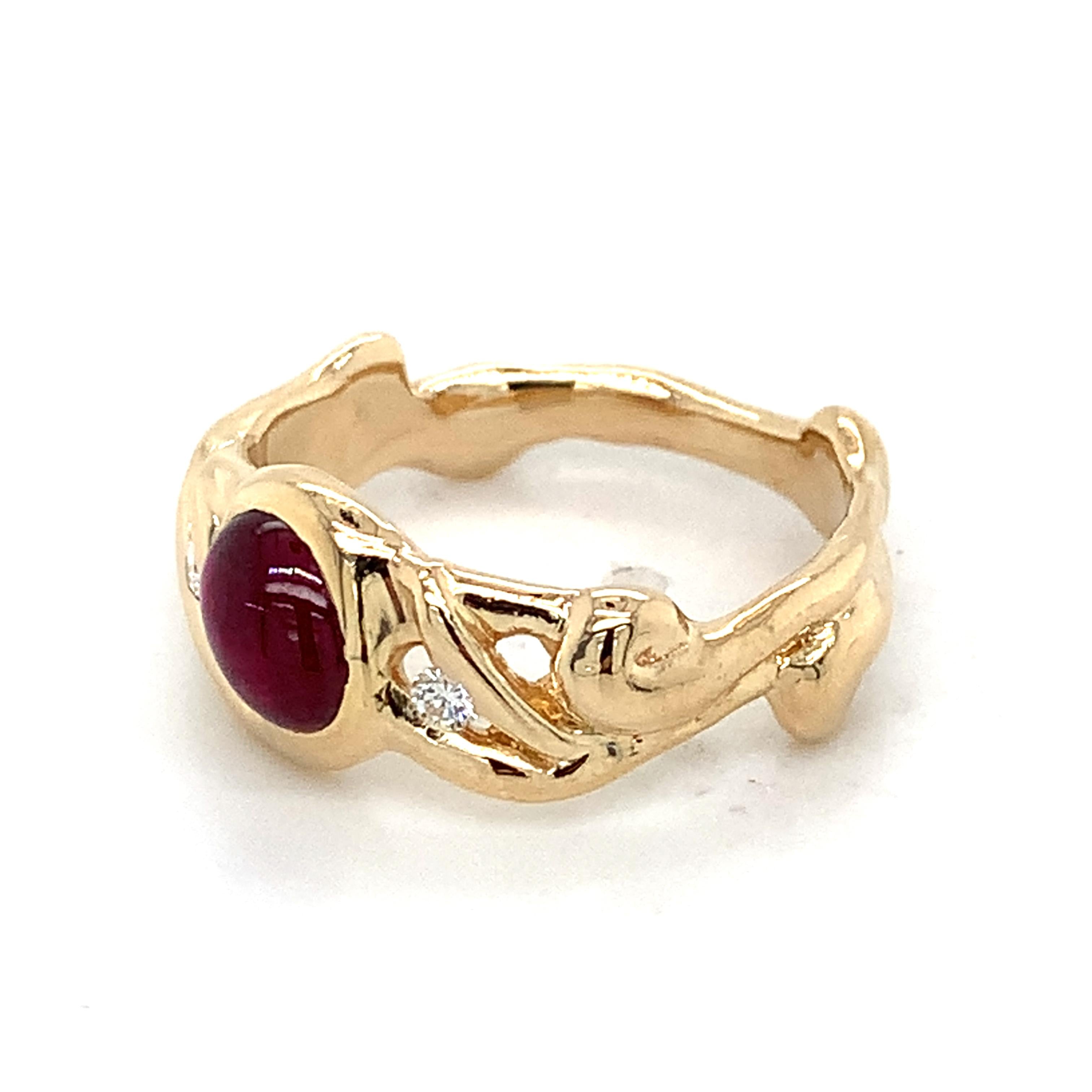 Vintage 14K Yellow Gold Oval Ruby With Diamond Accent Ornate Curved Band Ring