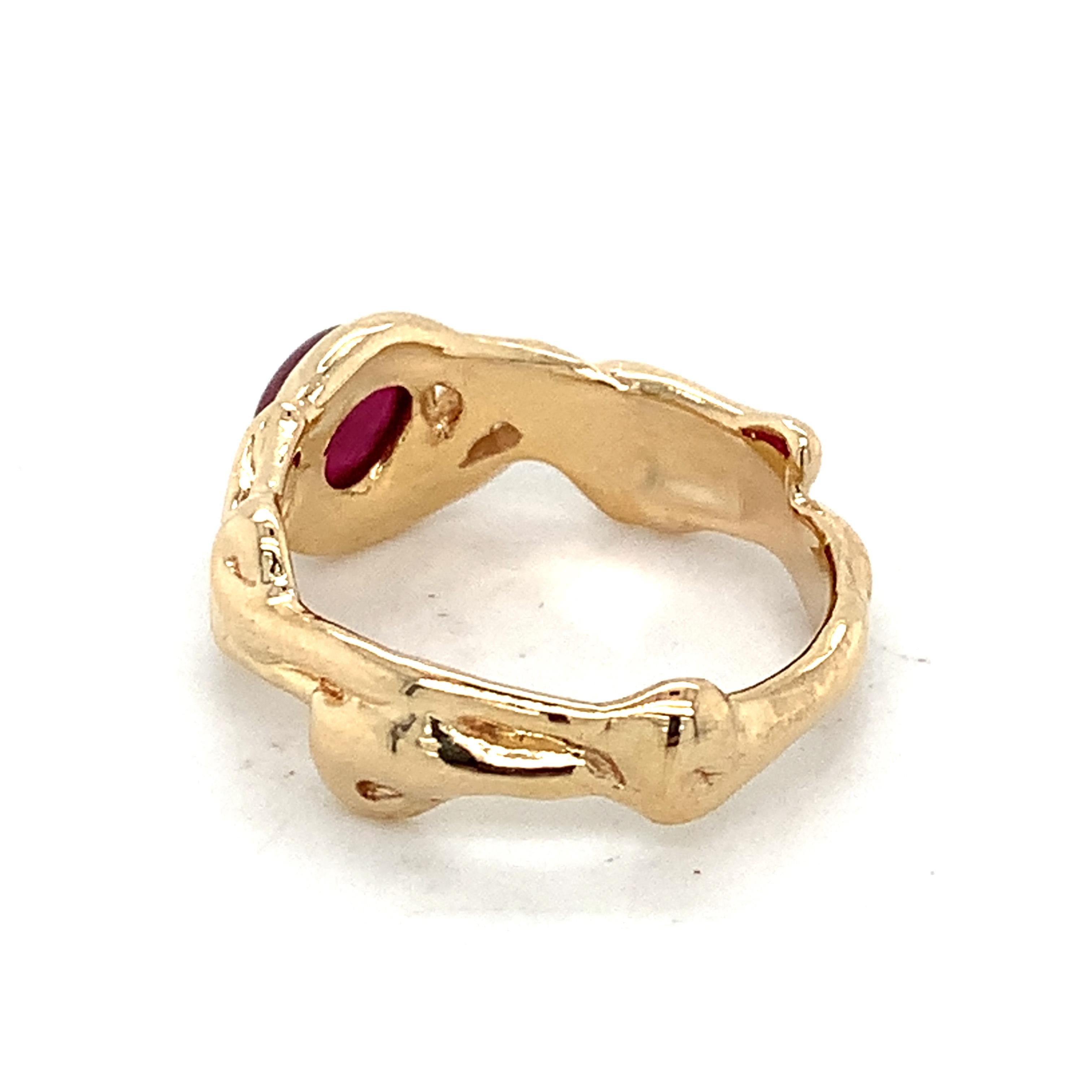 Vintage 14K Yellow Gold Oval Ruby With Diamond Accent Ornate Curved Band Ring