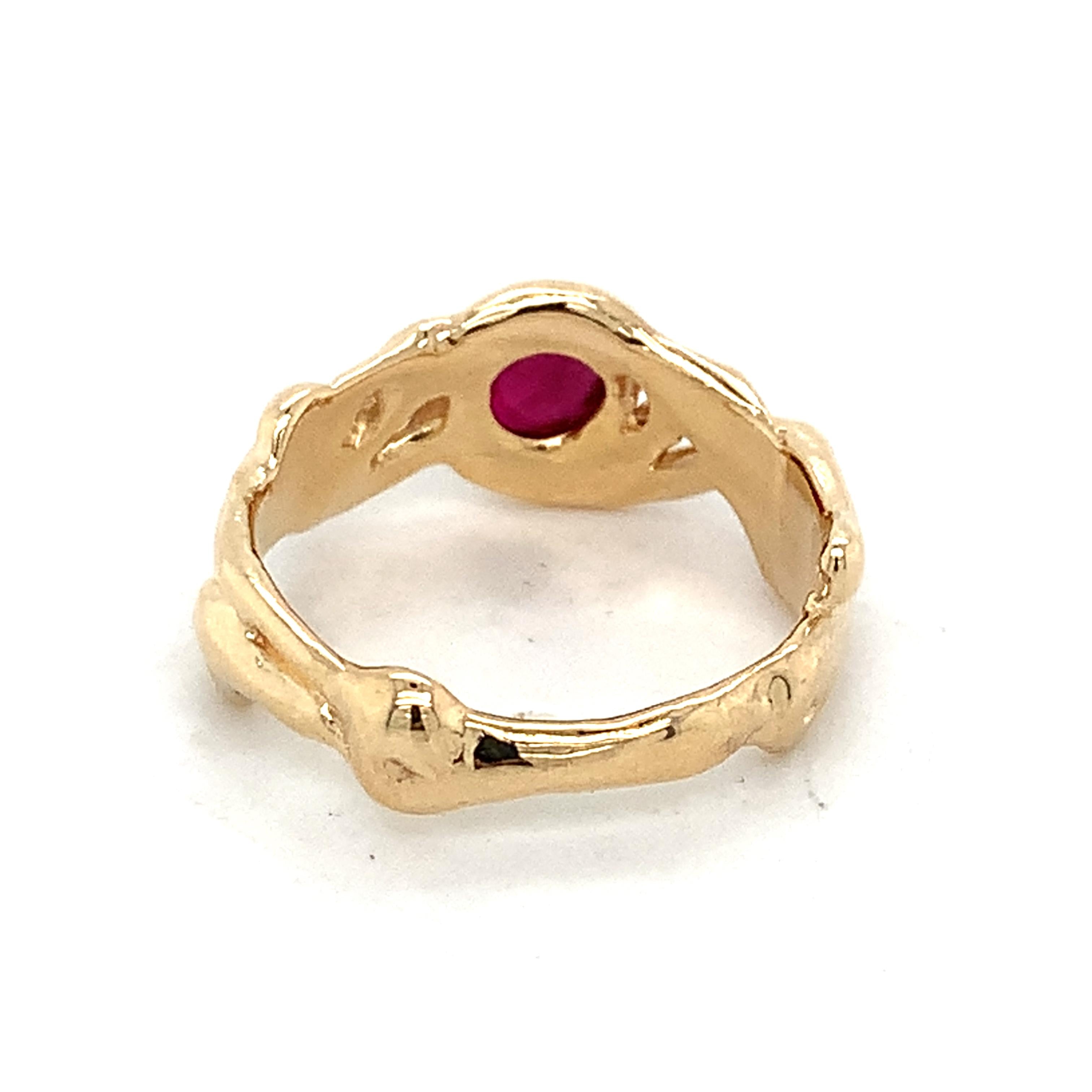 Vintage 14K Yellow Gold Oval Ruby With Diamond Accent Ornate Curved Band Ring
