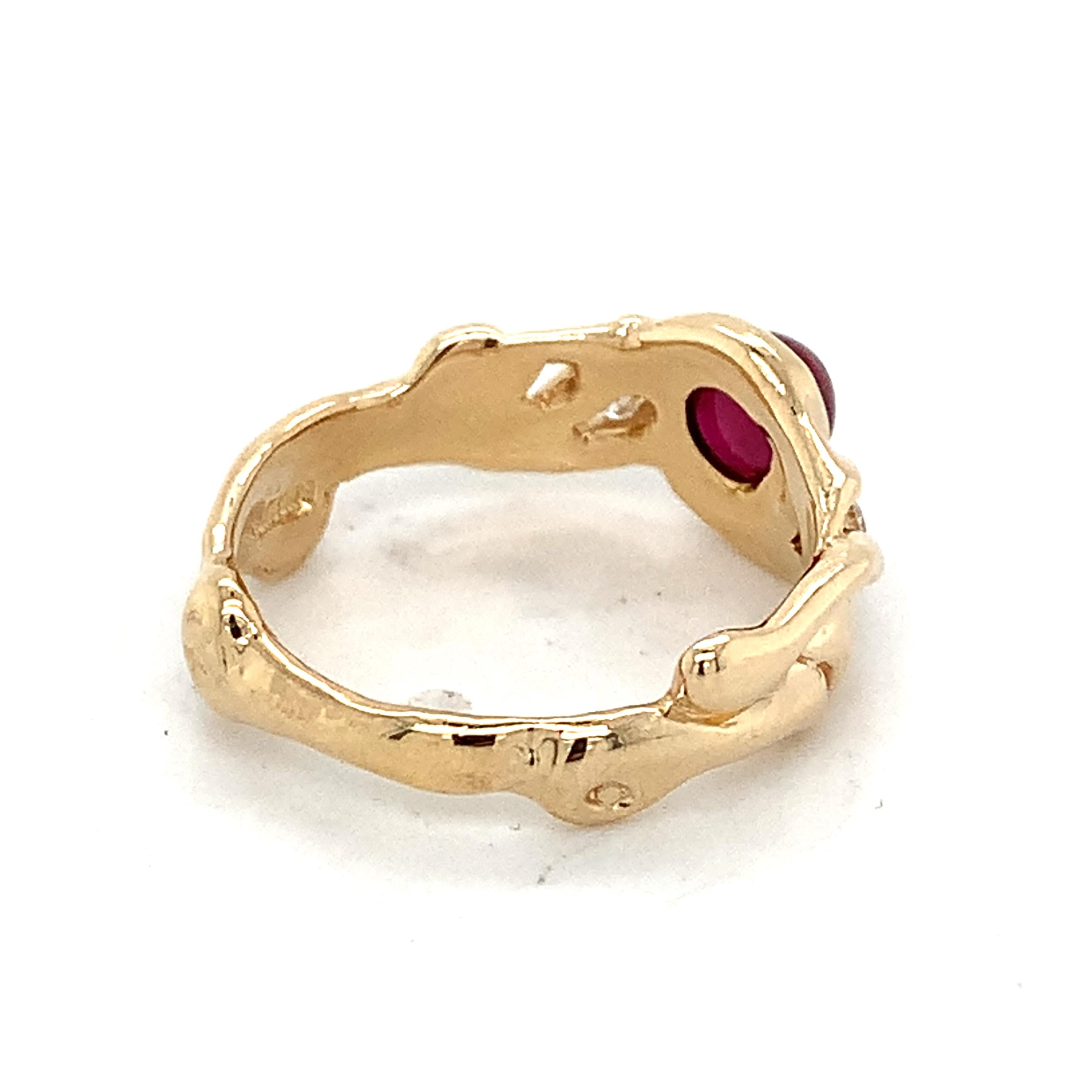Vintage 14K Yellow Gold Oval Ruby With Diamond Accent Ornate Curved Band Ring