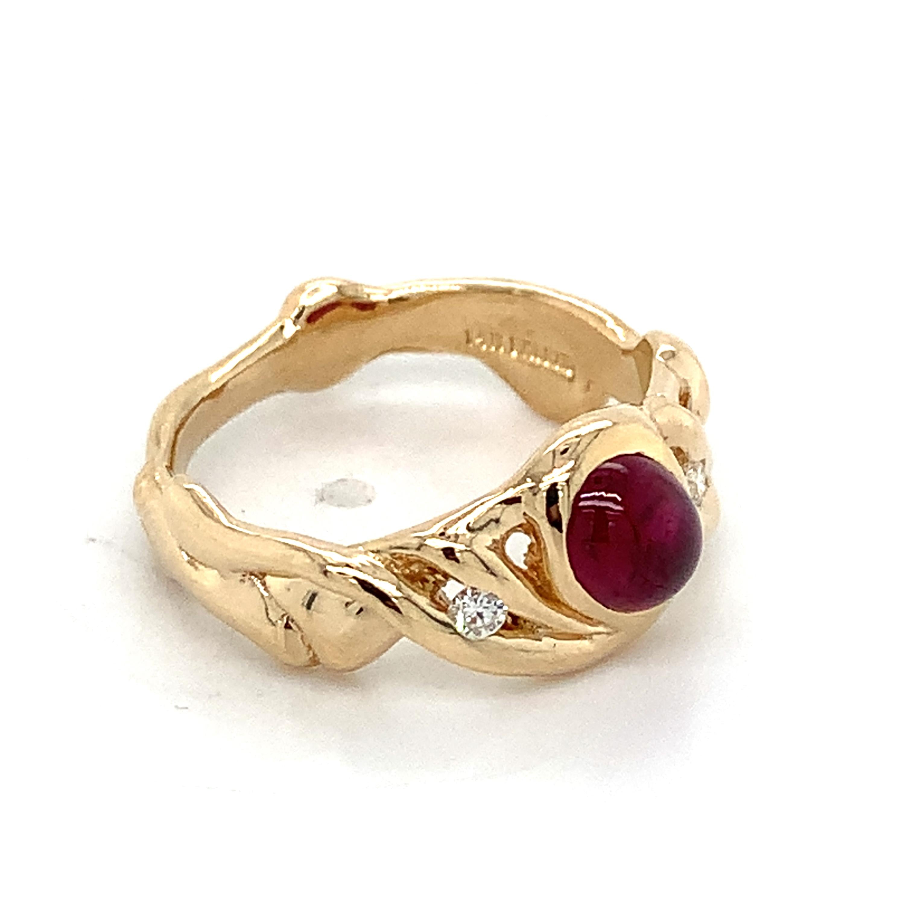 Vintage 14K Yellow Gold Oval Ruby With Diamond Accent Ornate Curved Band Ring