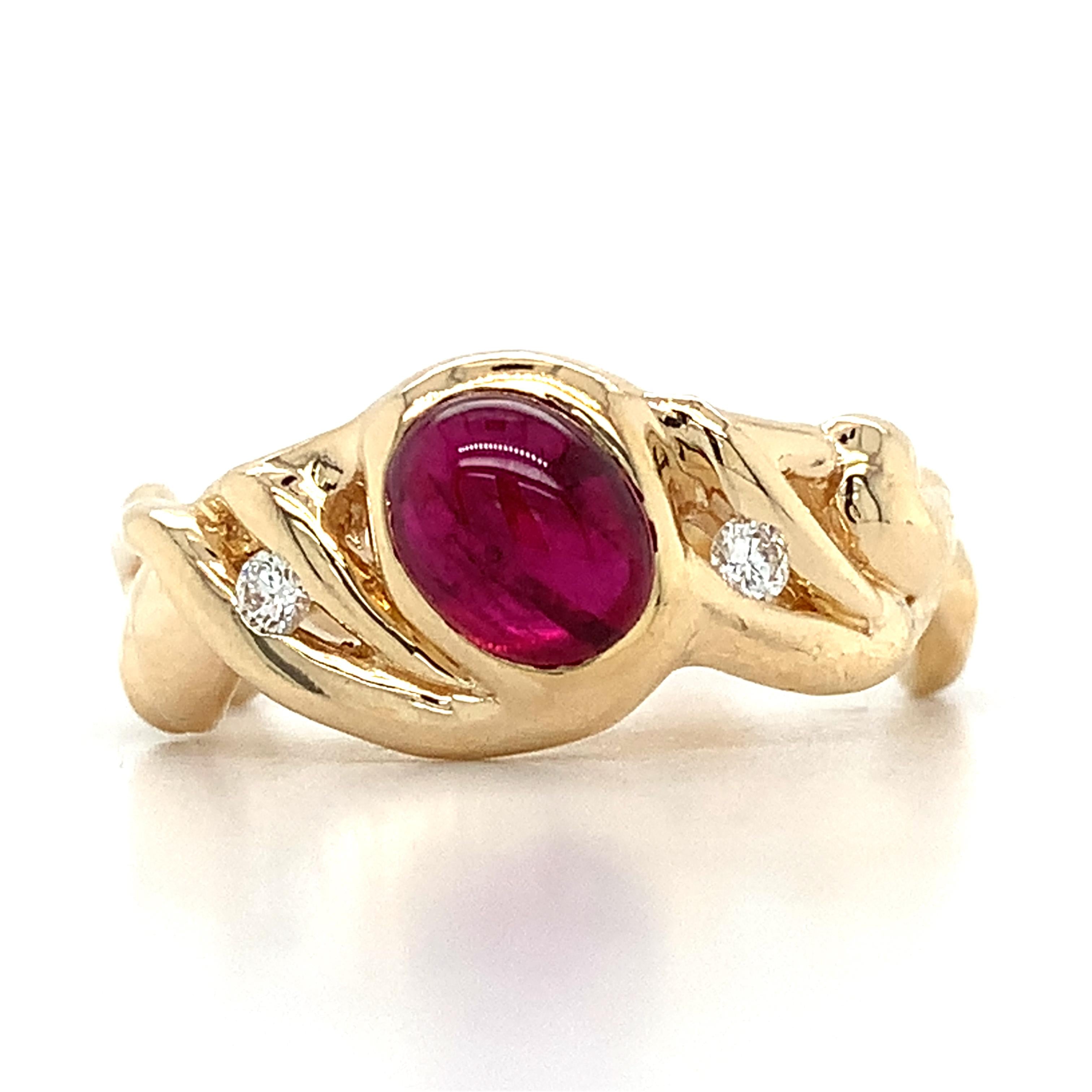 Vintage 14K Yellow Gold Oval Ruby With Diamond Accent Ornate Curved Band Ring